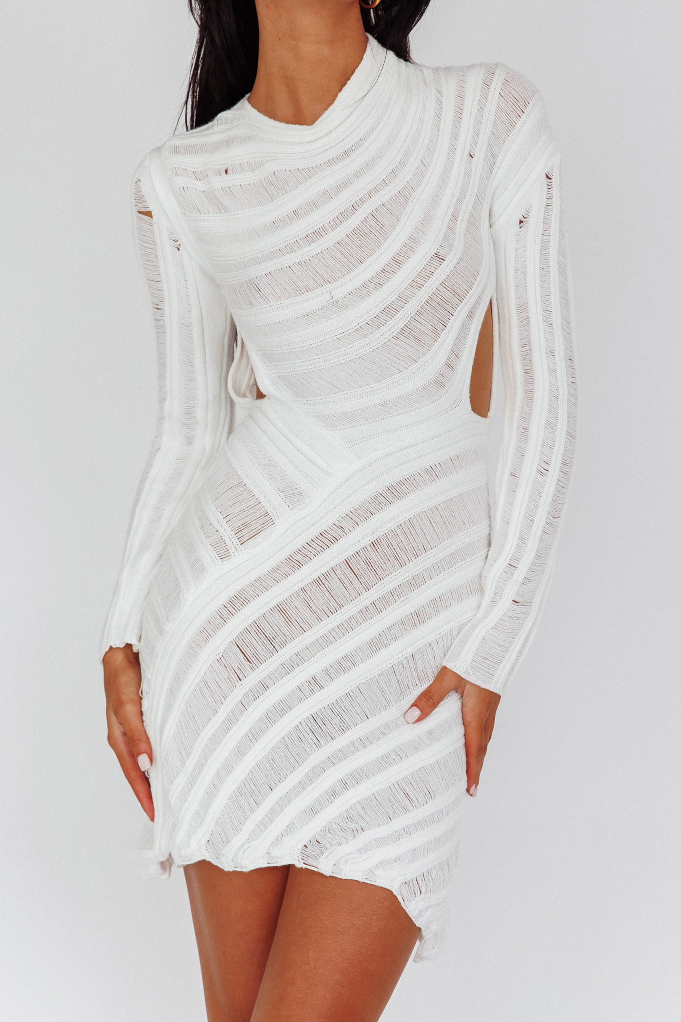 long sleeve cut out mini dress in ivory Niella Long Sleeve Wrap Mini Dress
