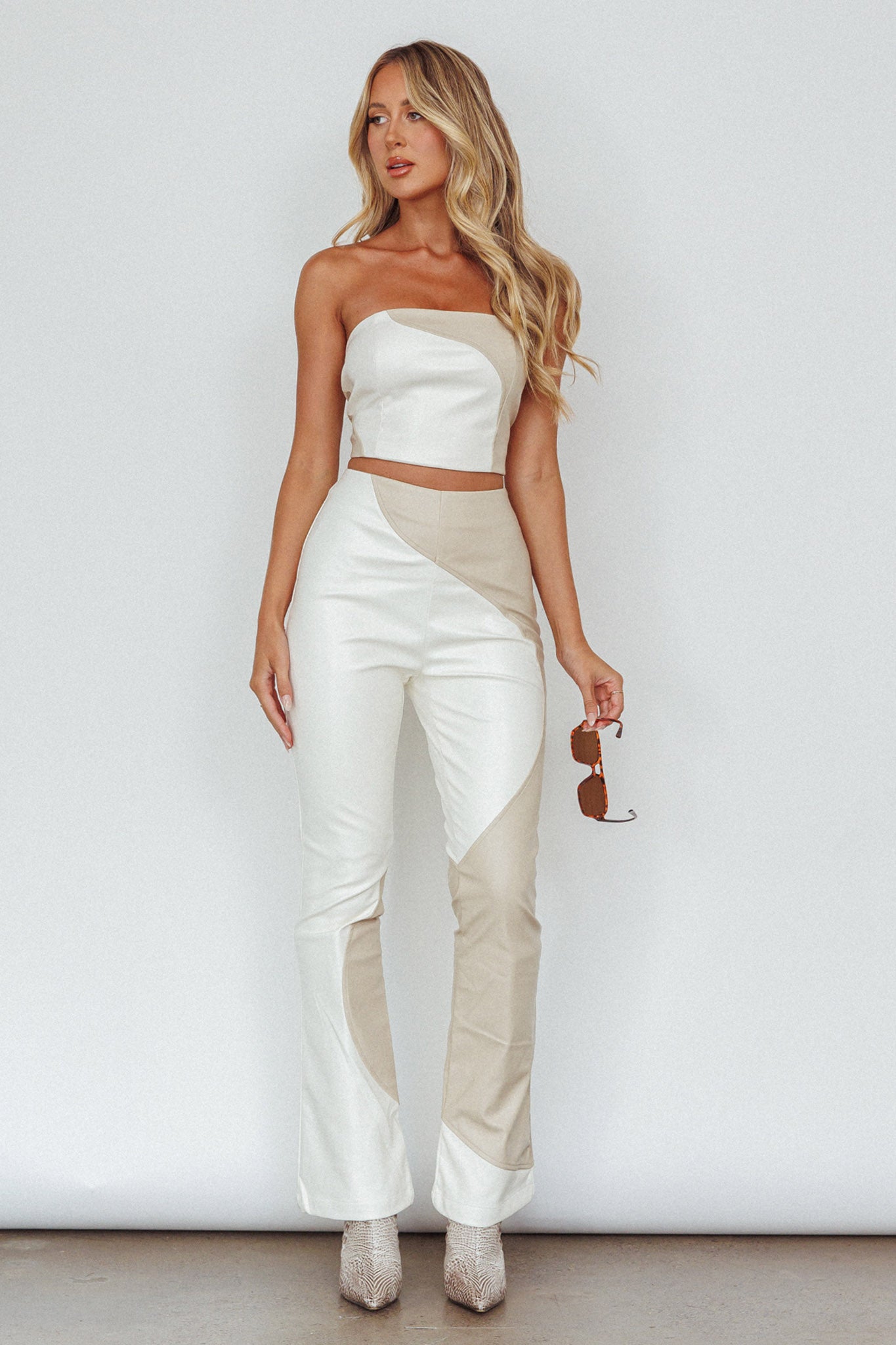 Zebulon Faux Leather Flare Pants Ivory by Selfie Leslie