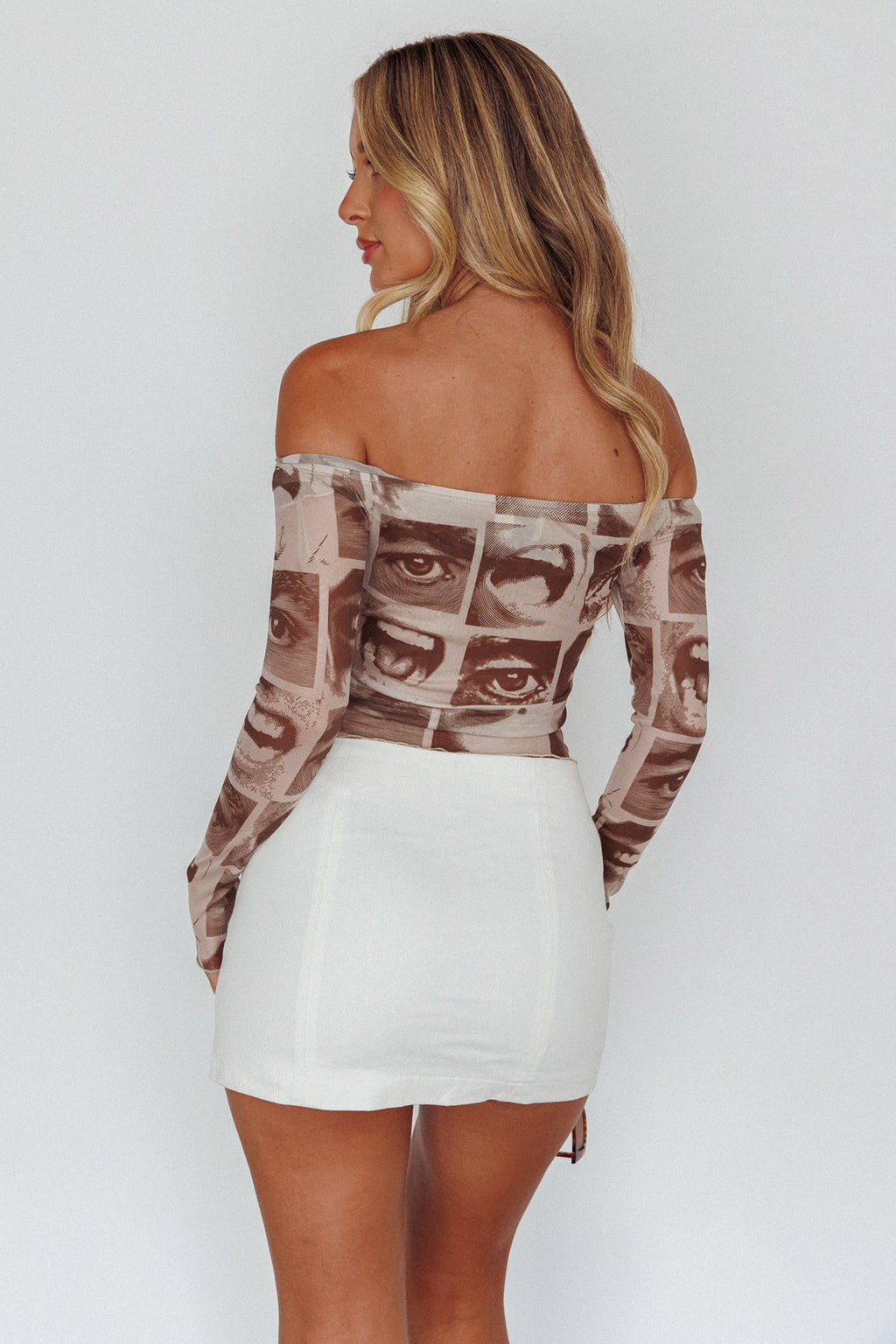 Ramona Long Sleeve Off-Shoulder Top Print Brown by Selfie Leslie