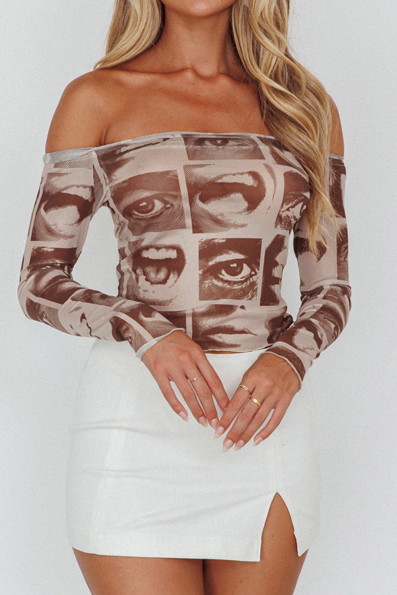 Ramona Long Sleeve Off-Shoulder Top Print Brown by Selfie Leslie