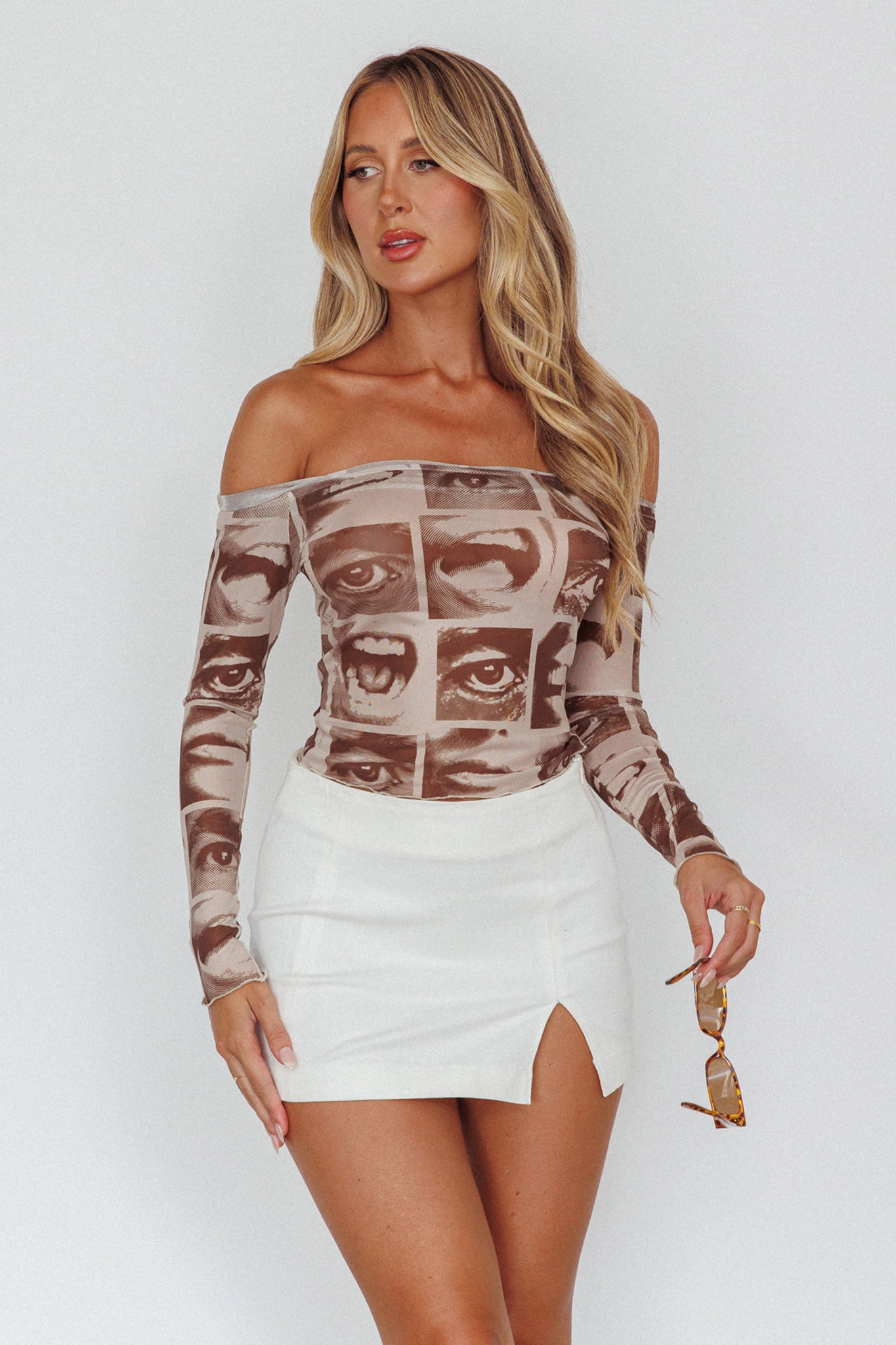 Ramona Long Sleeve Off-Shoulder Top Print Brown by Selfie Leslie