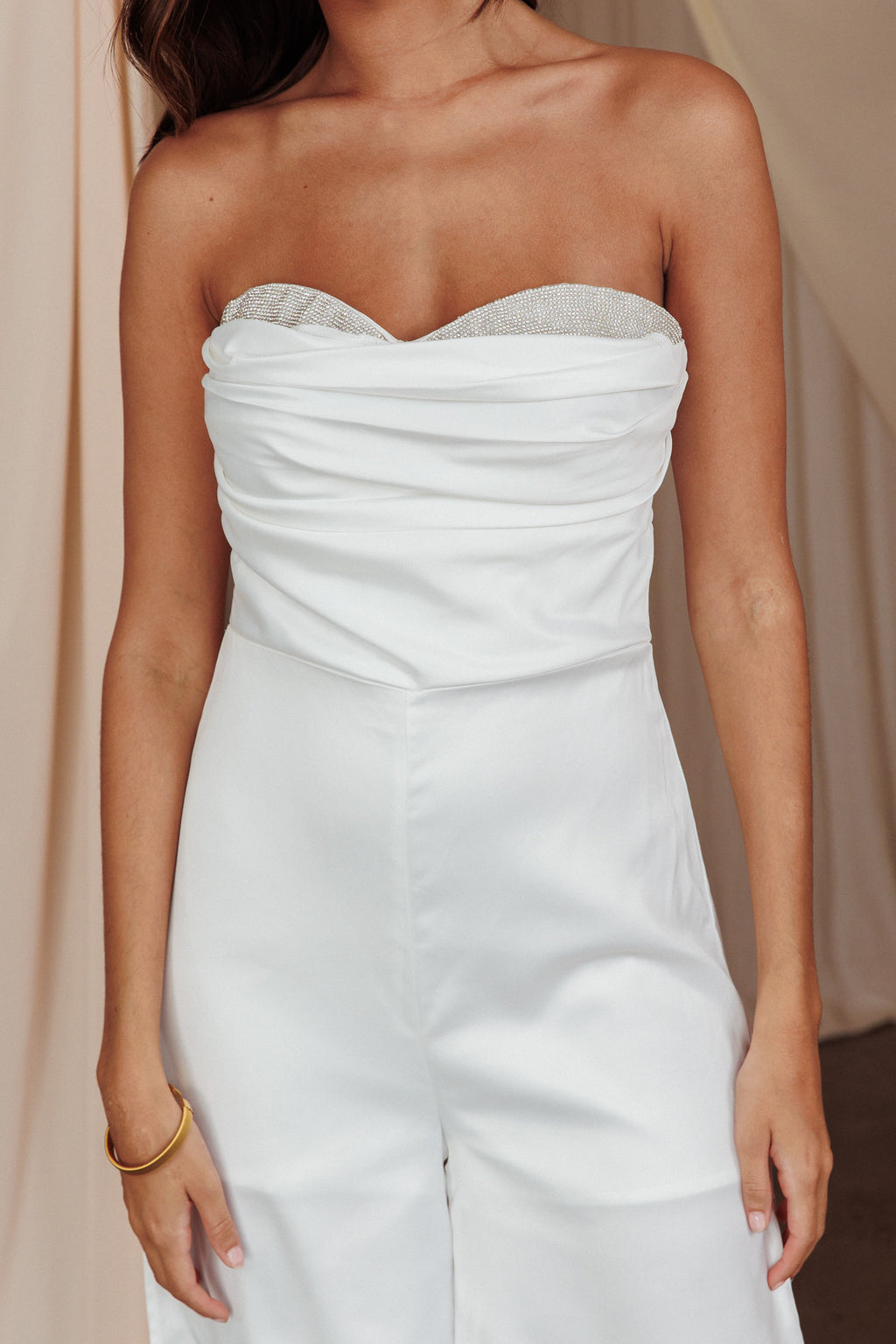 Get Together Side Split Sweetheart Jumpsuit Off White by Selfie Leslie