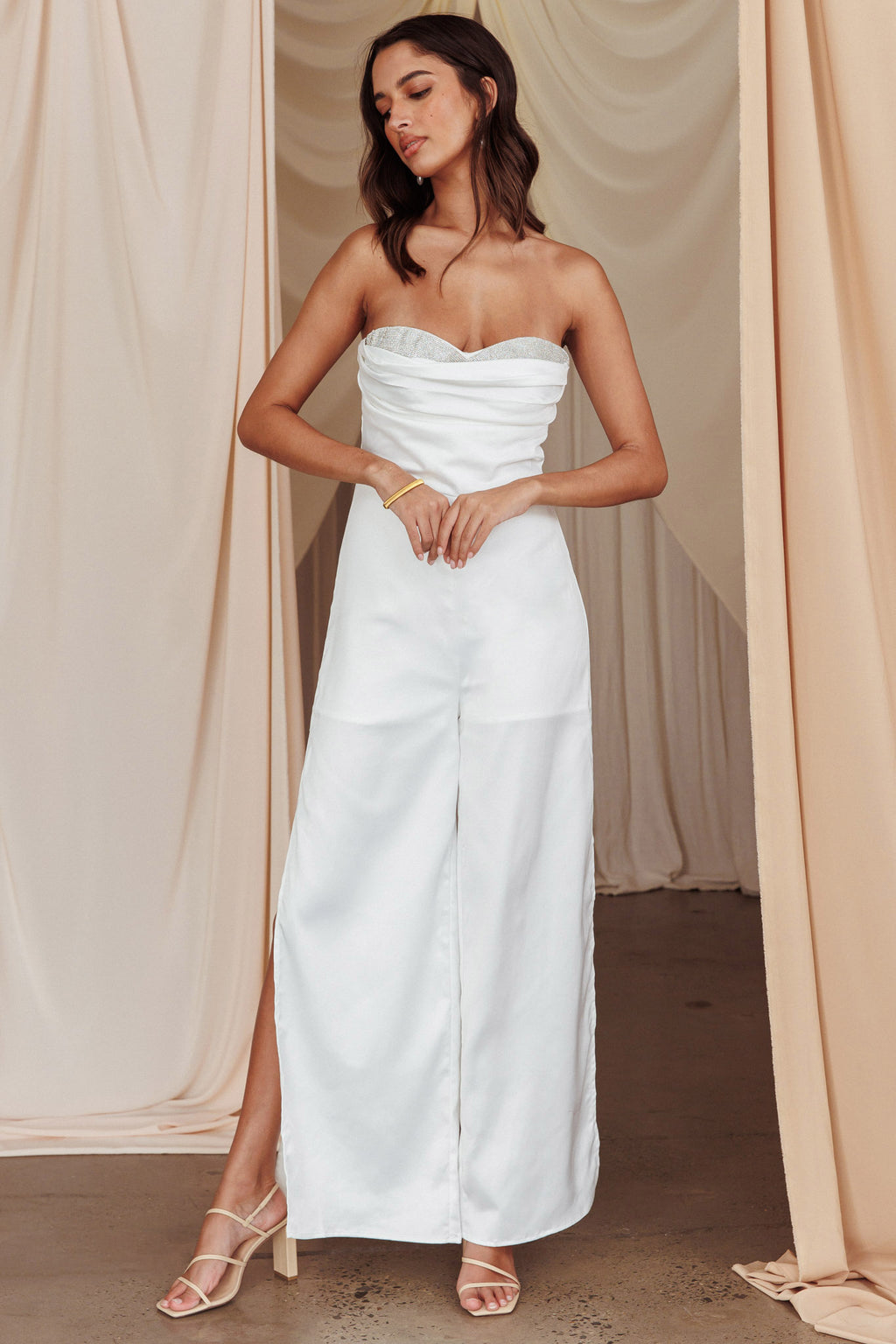 Get Together Side Split Sweetheart Jumpsuit Off White by Selfie Leslie