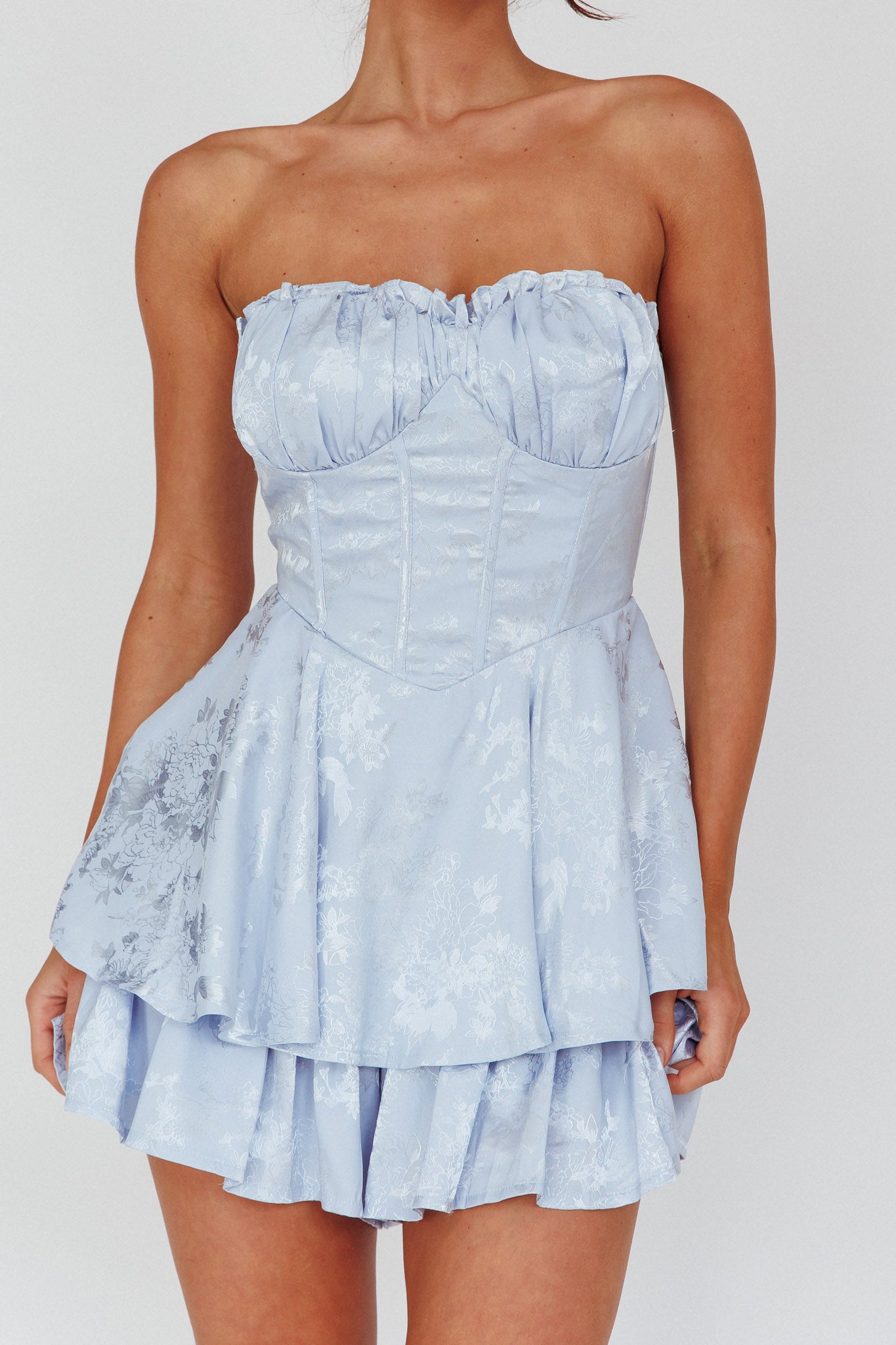 Angel Sky Gathered Bust Romper Dust Blue by Selfie Leslie