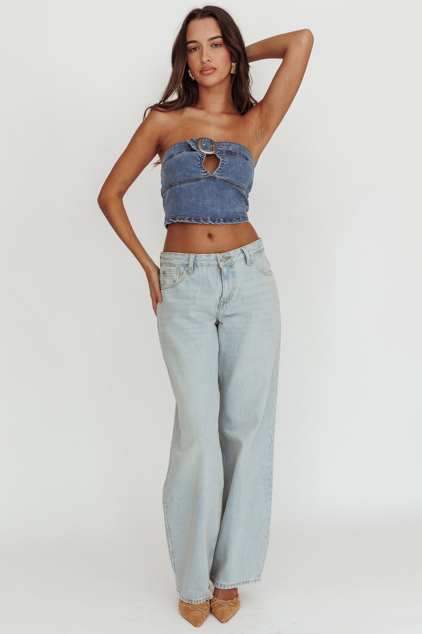 Olympus Strapless Denim Cropped Top Medium Blue by Selfie Leslie