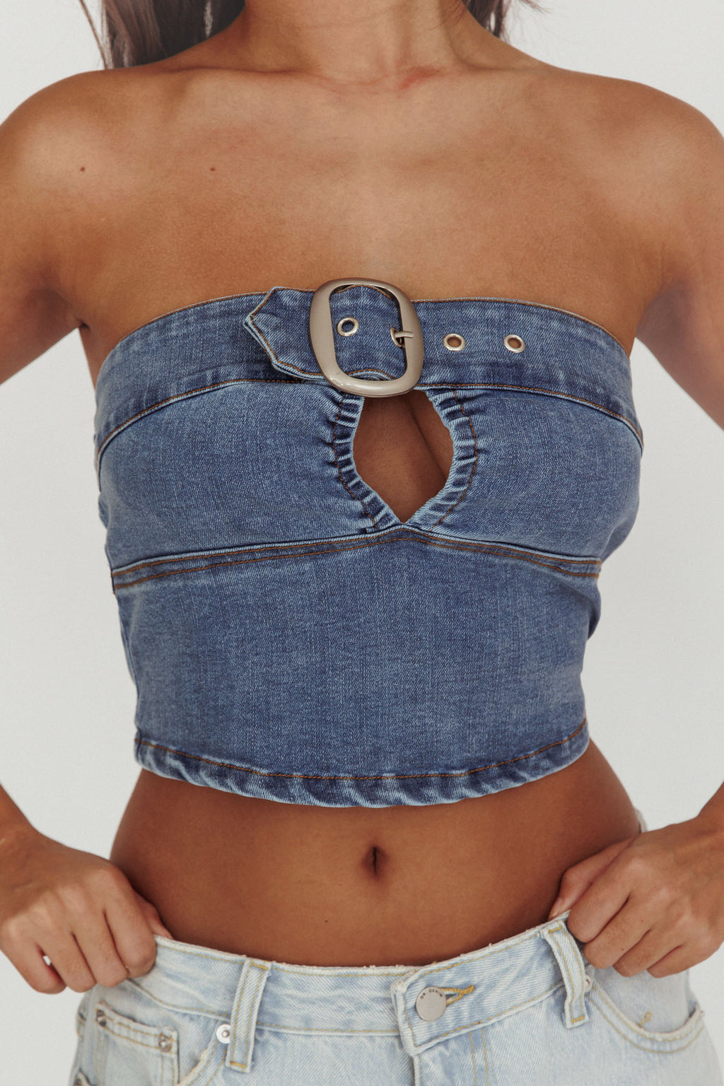 Olympus Strapless Denim Cropped Top Medium Blue by Selfie Leslie