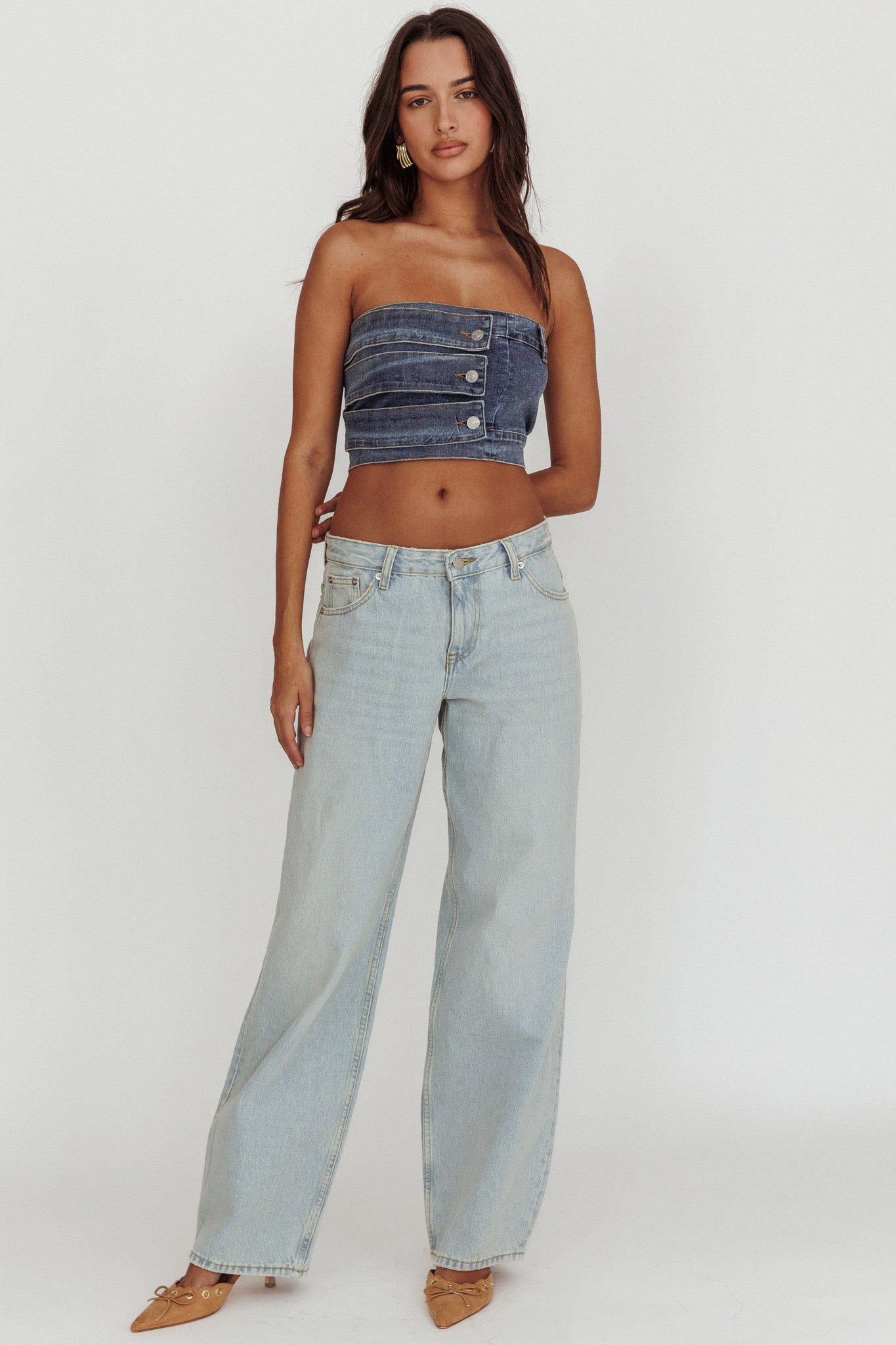 Pop Fizz Strapless Denim Cropped Top Medium Blue by Selfie Leslie