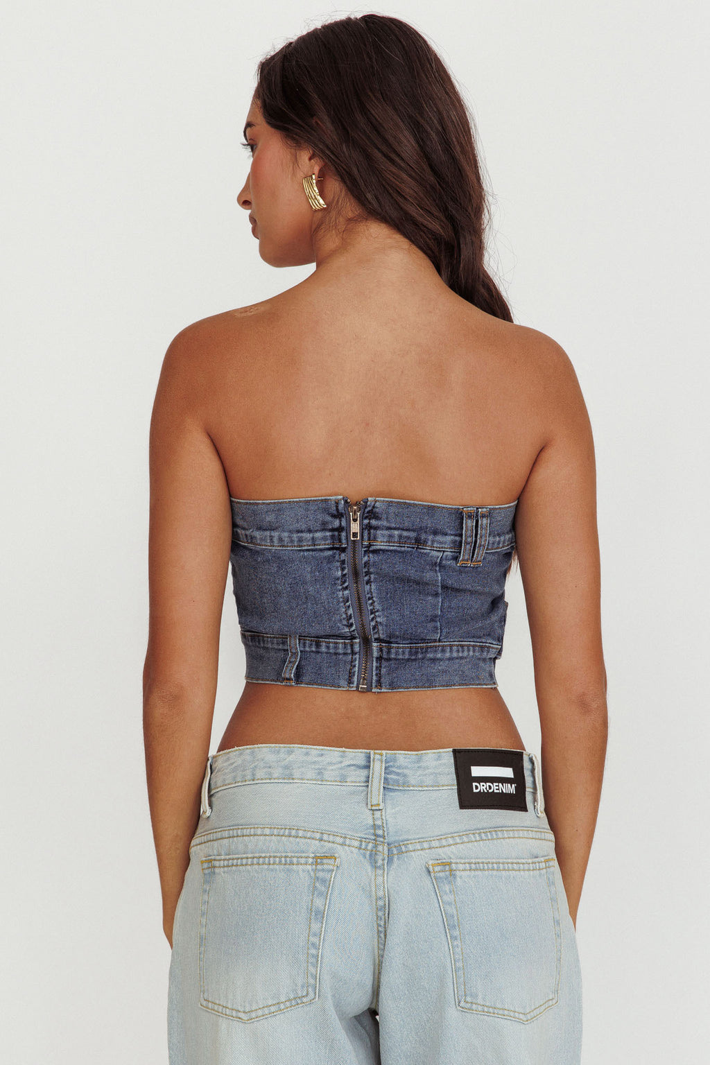 Pop Fizz Strapless Denim Cropped Top Medium Blue by Selfie Leslie