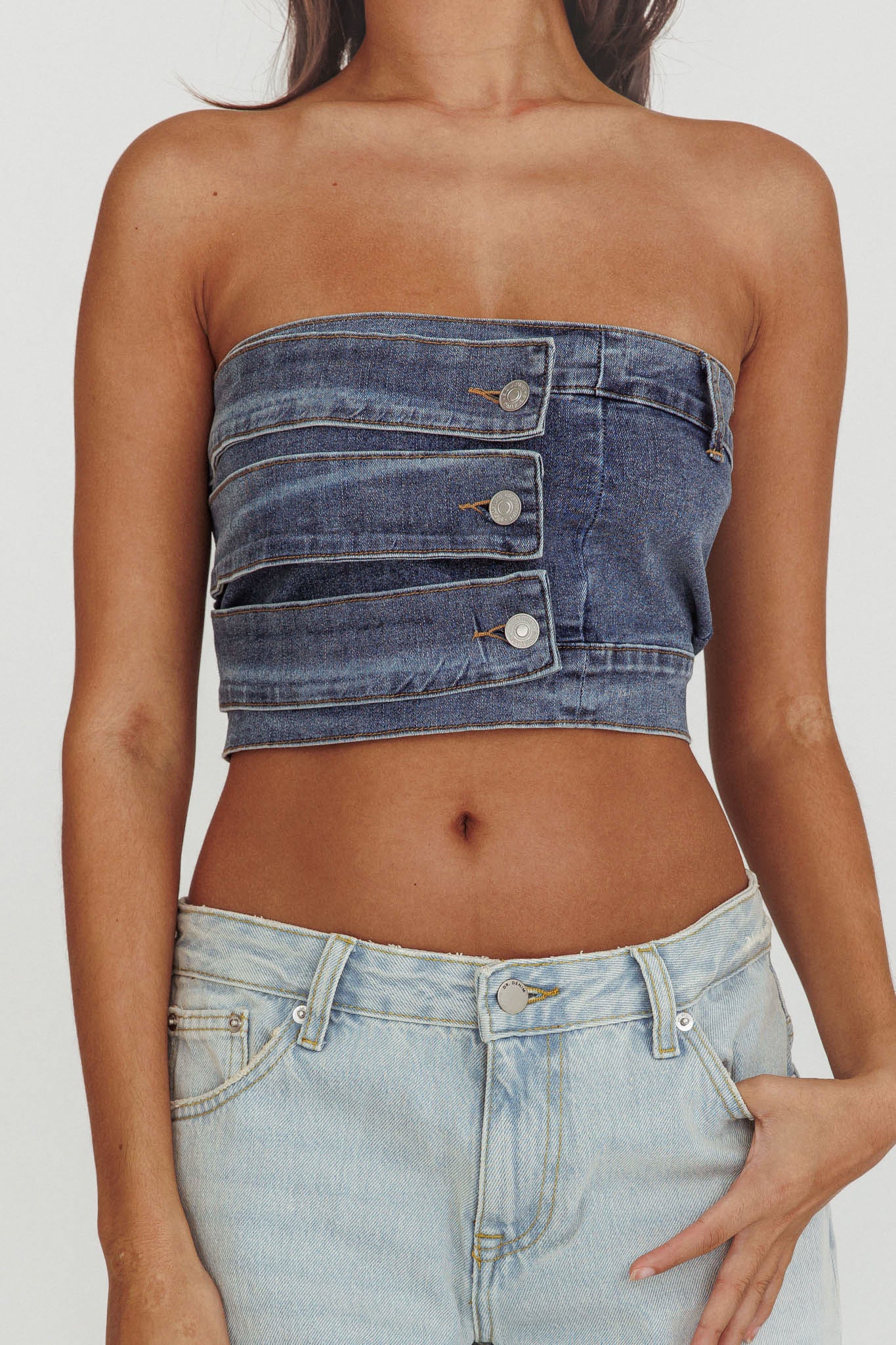 Pop Fizz Strapless Denim Cropped Top Medium Blue by Selfie Leslie