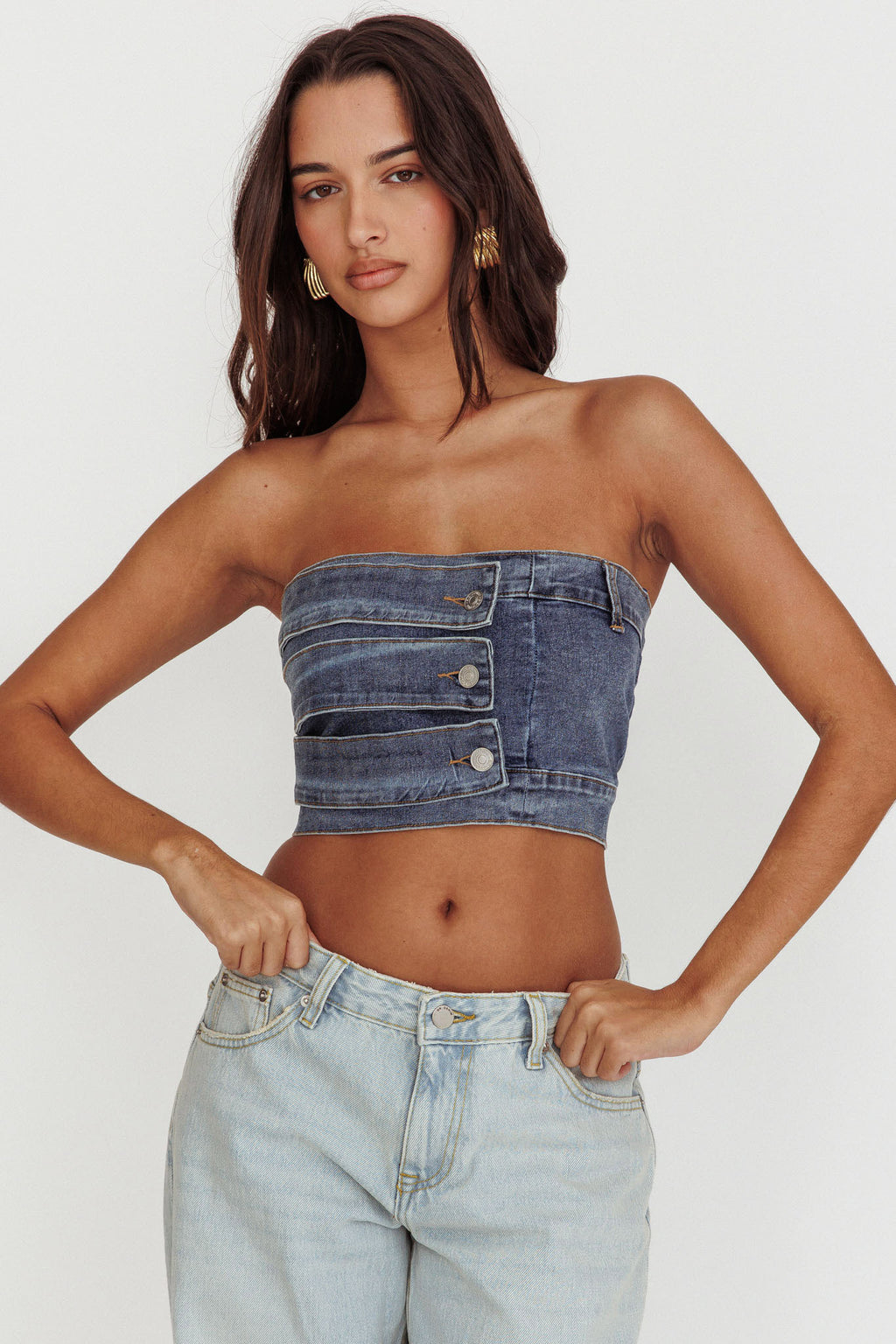 Pop Fizz Strapless Denim Cropped Top Medium Blue by Selfie Leslie