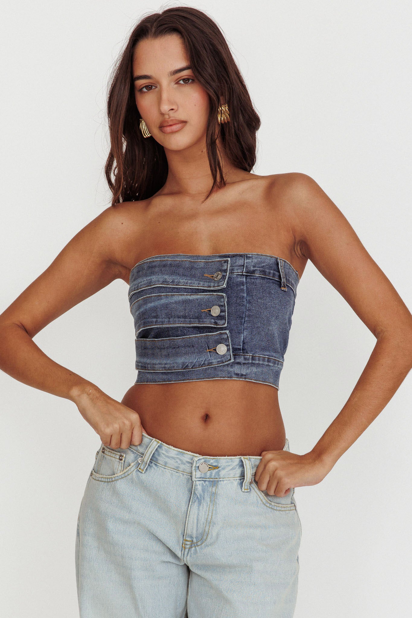 Pop Fizz Strapless Denim Cropped Top Medium Blue by Selfie Leslie