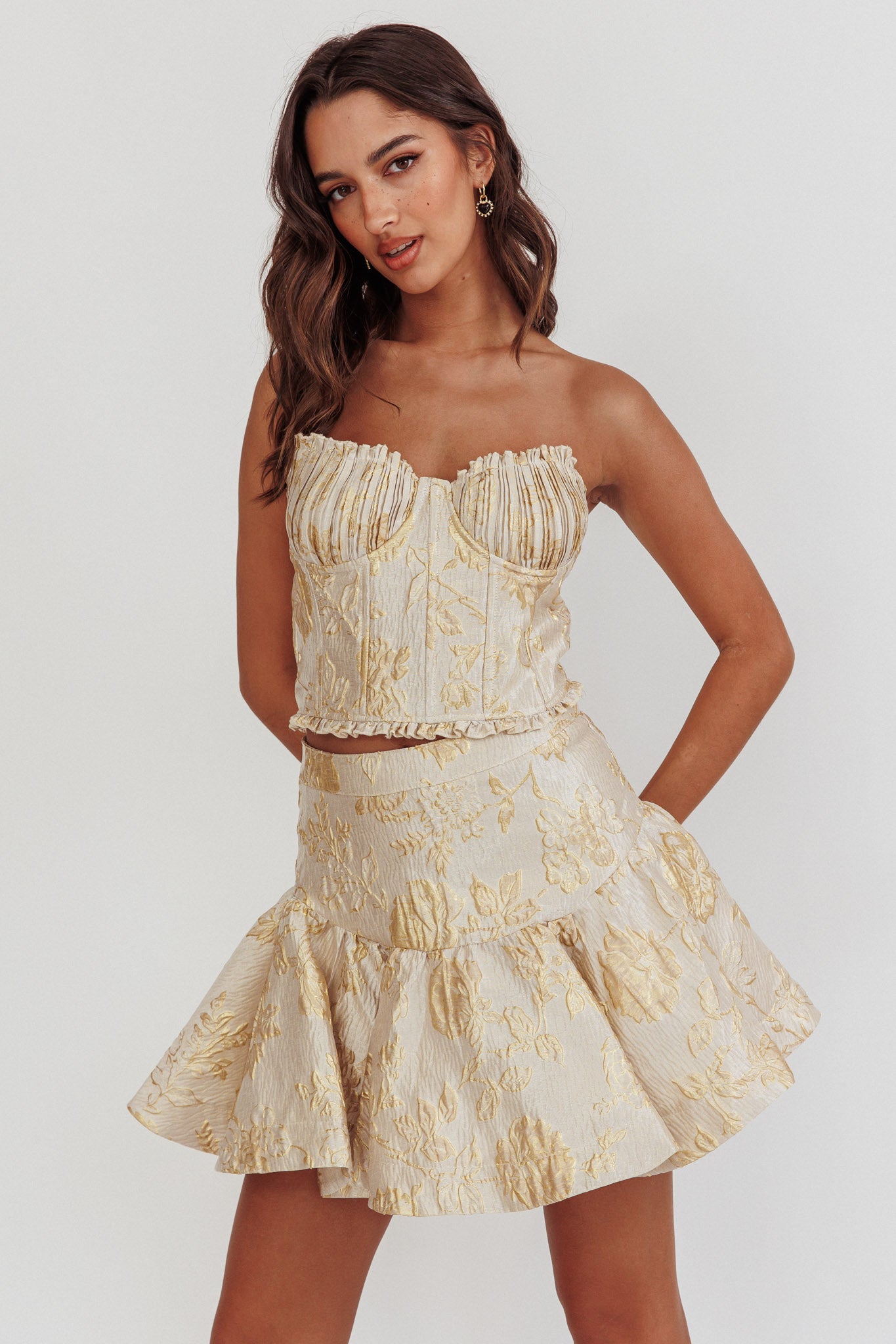 Kamilla Jacquard Corset Top Floral Gold by Selfie Leslie