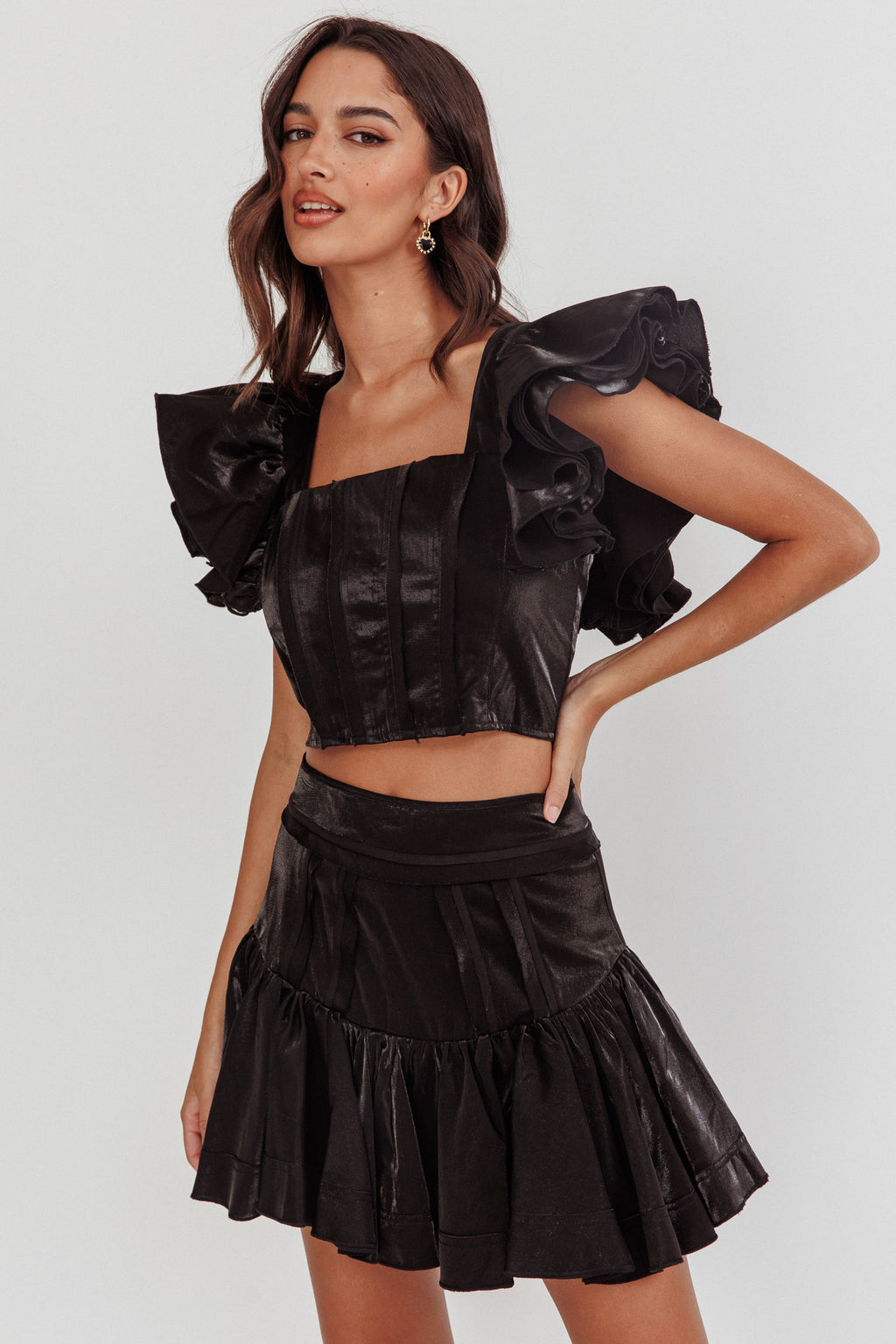 Debutante Ruffle Sleeve Crop Top Black by Selfie Leslie