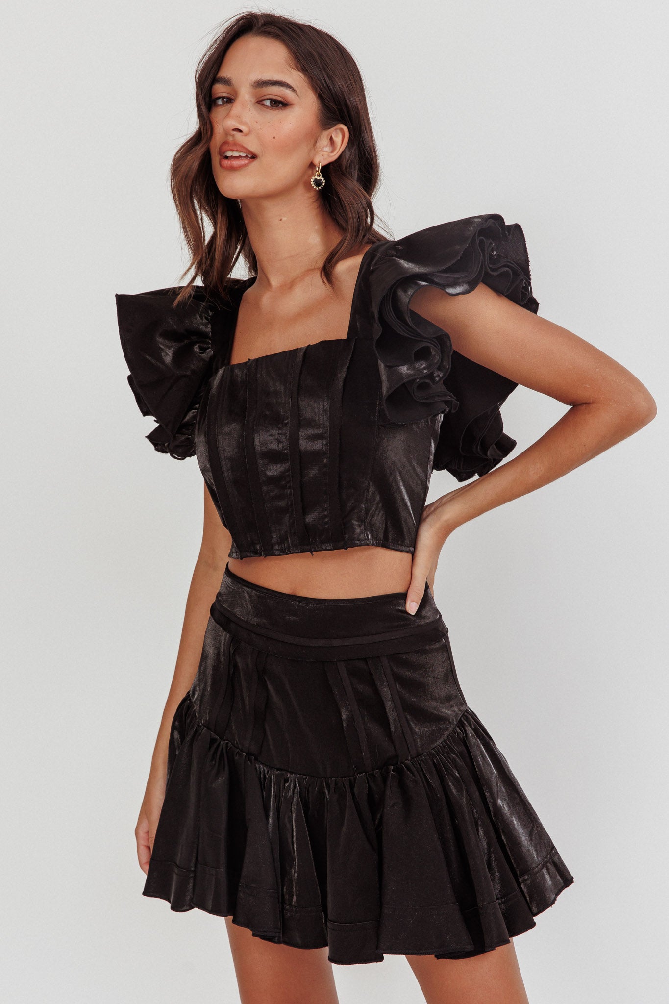 Debutante Ruffle Sleeve Crop Top Black by Selfie Leslie