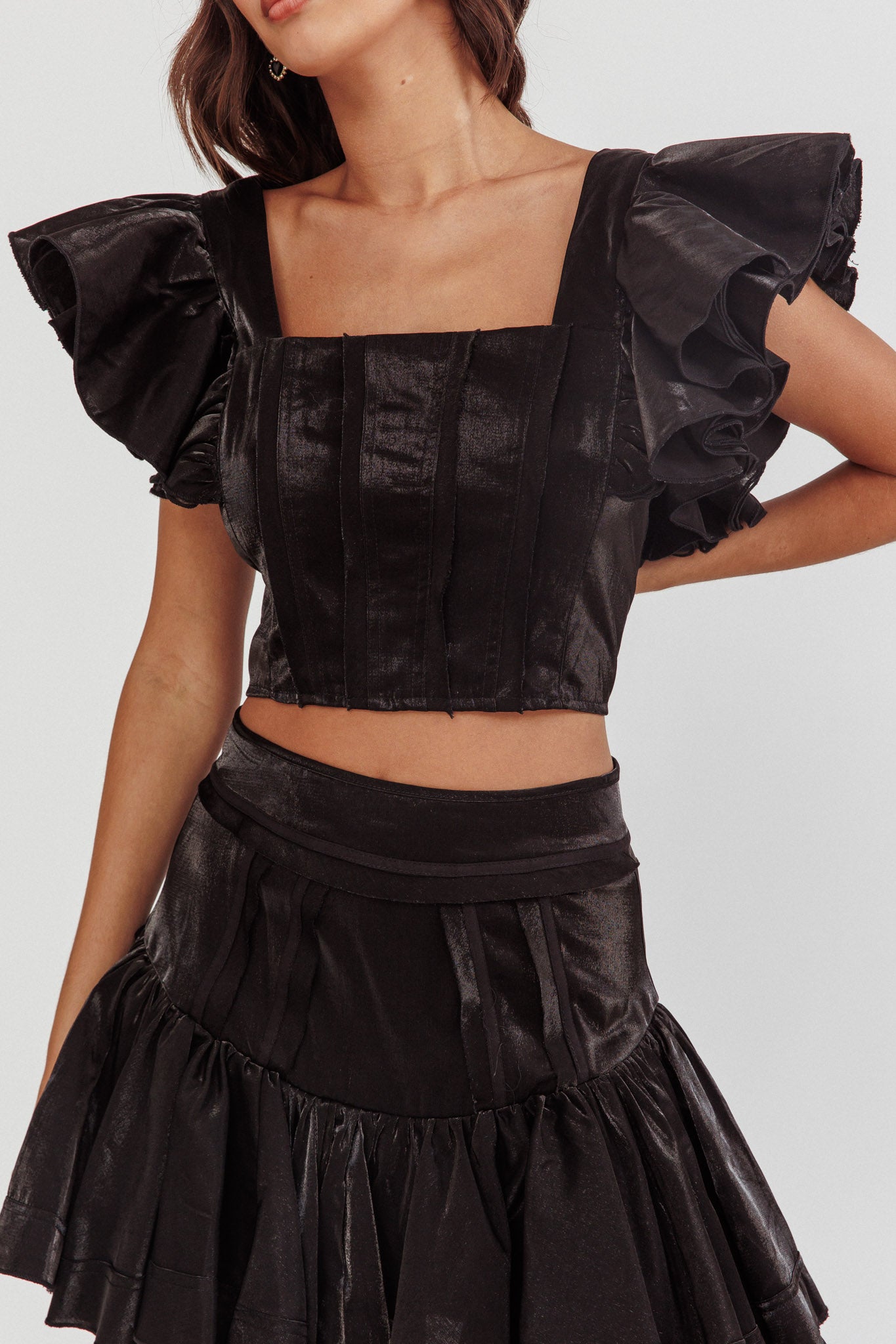 Debutante Ruffle Sleeve Crop Top Black by Selfie Leslie