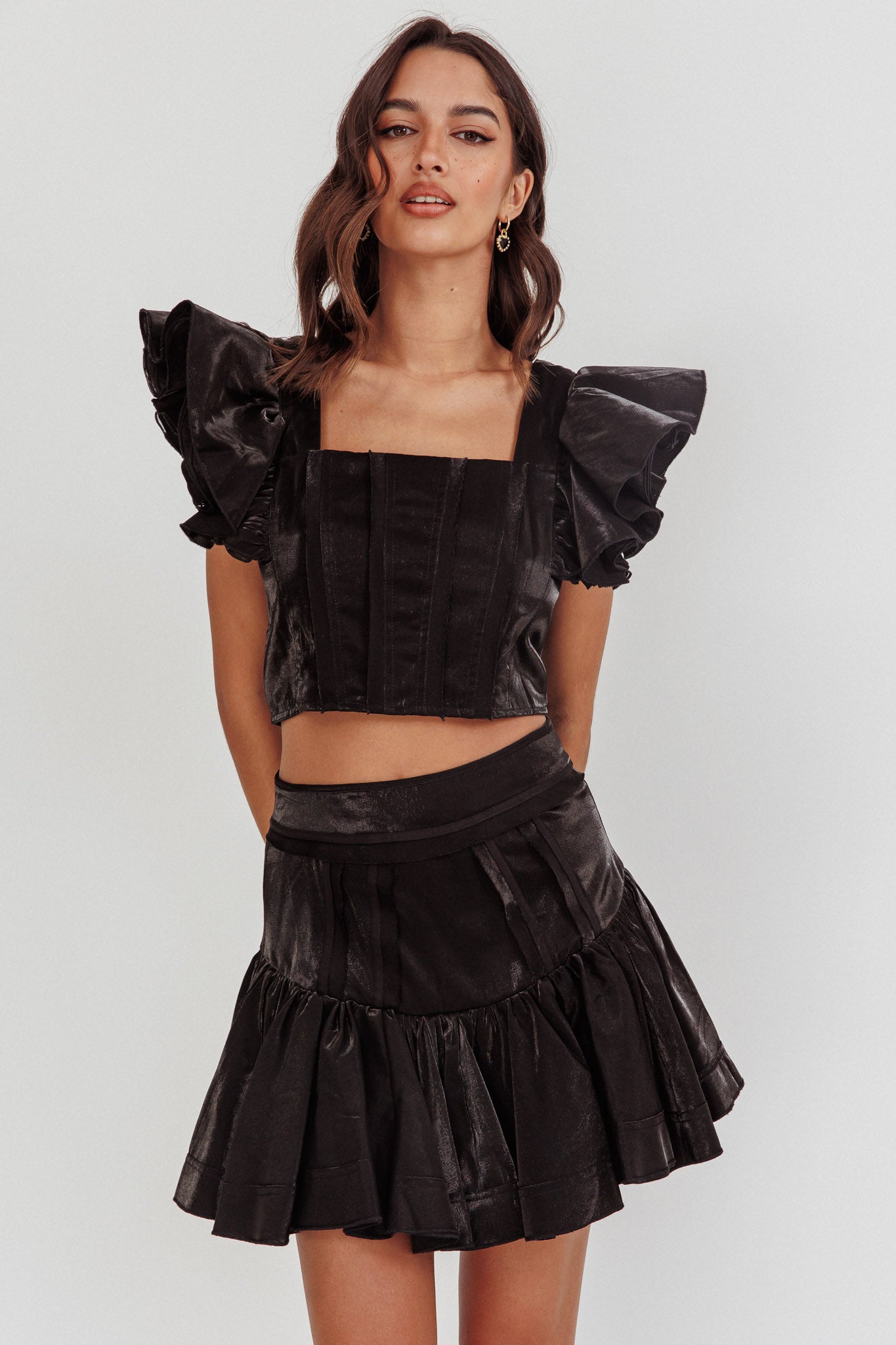 Debutante Ruffle Sleeve Crop Top Black by Selfie Leslie