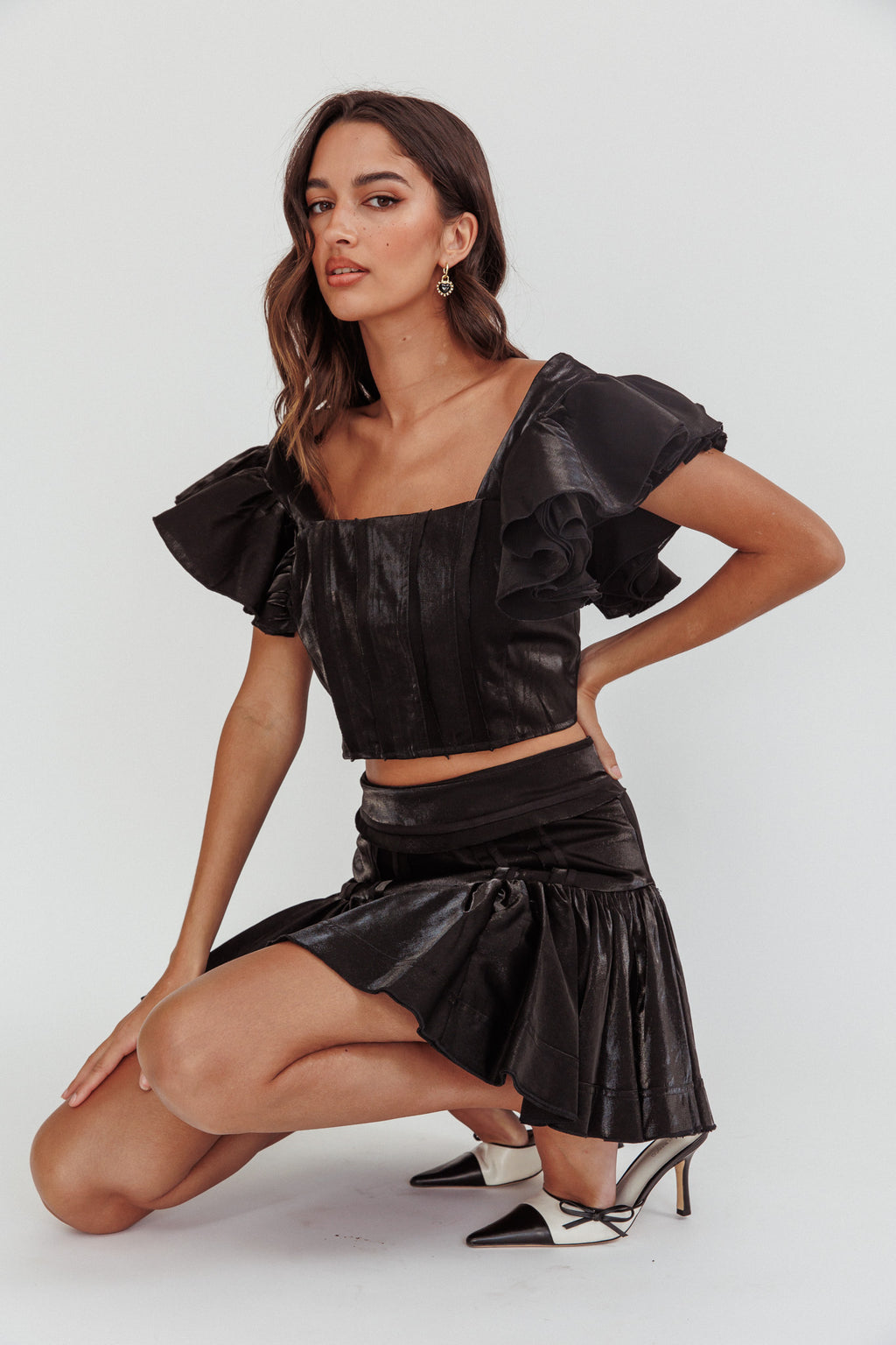 Debutante Ruffle Sleeve Crop Top Black by Selfie Leslie