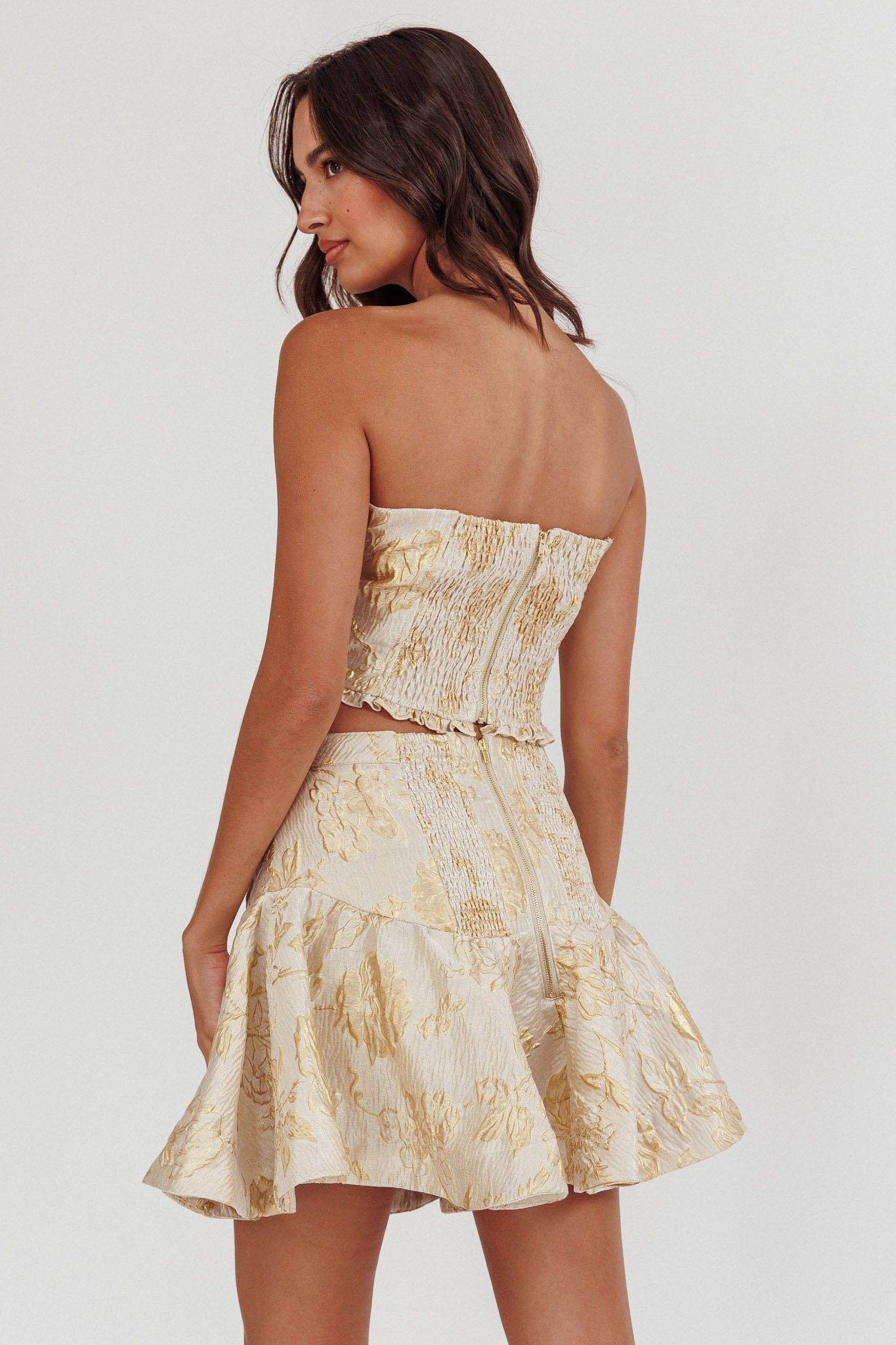 Kamilla Jacquard Flared Mini Skirt Floral Gold by Selfie Leslie