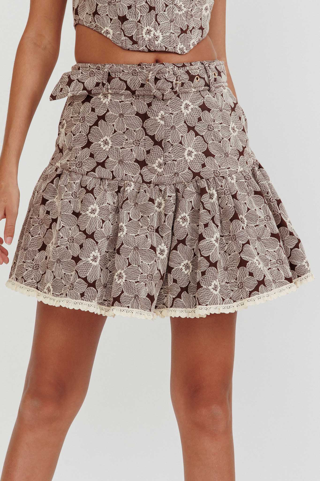 Southern Belles Belted Waist Mini Skirt Floral Brown by Selfie Leslie