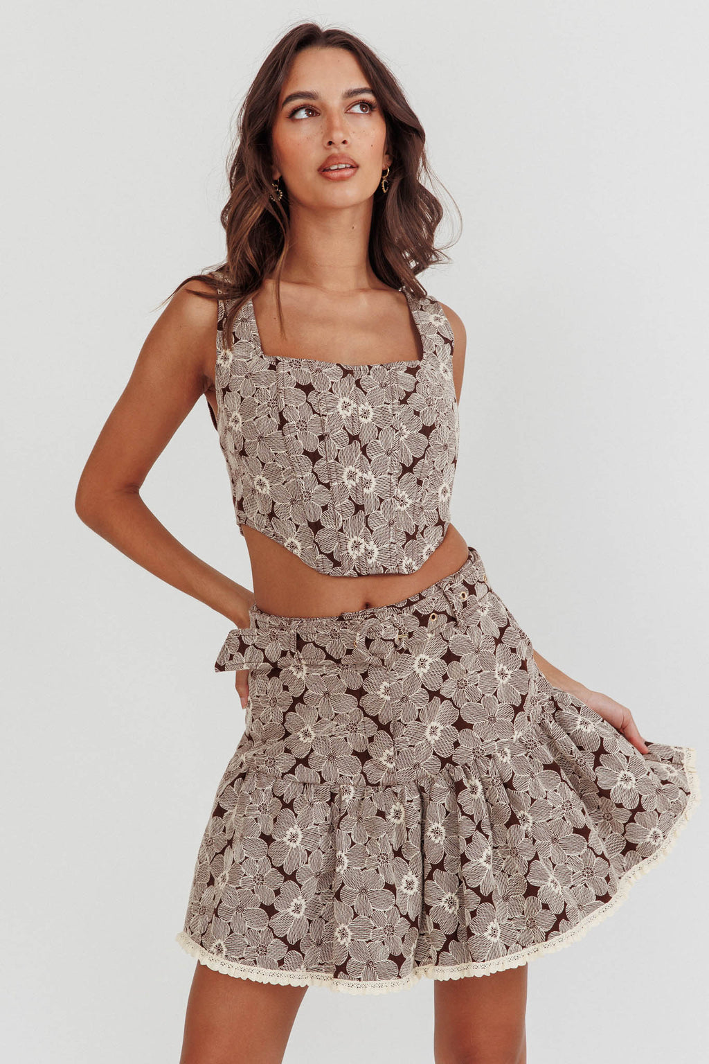 Southern Belles Belted Waist Mini Skirt Floral Brown by Selfie Leslie