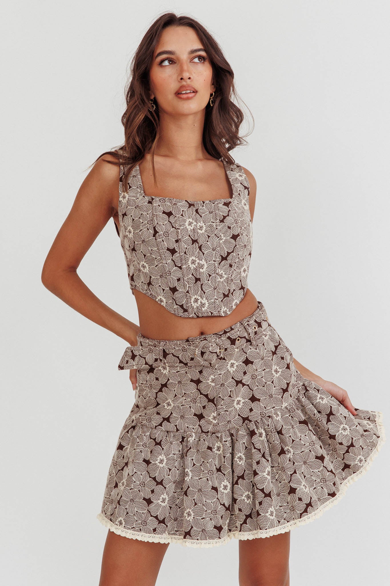 Southern Belles Belted Waist Mini Skirt Floral Brown by Selfie Leslie