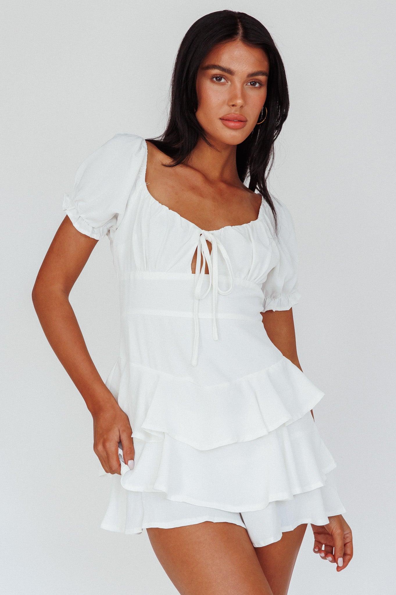 Cady Layered Ruffle Mini Dress Off White by Selfie Leslie