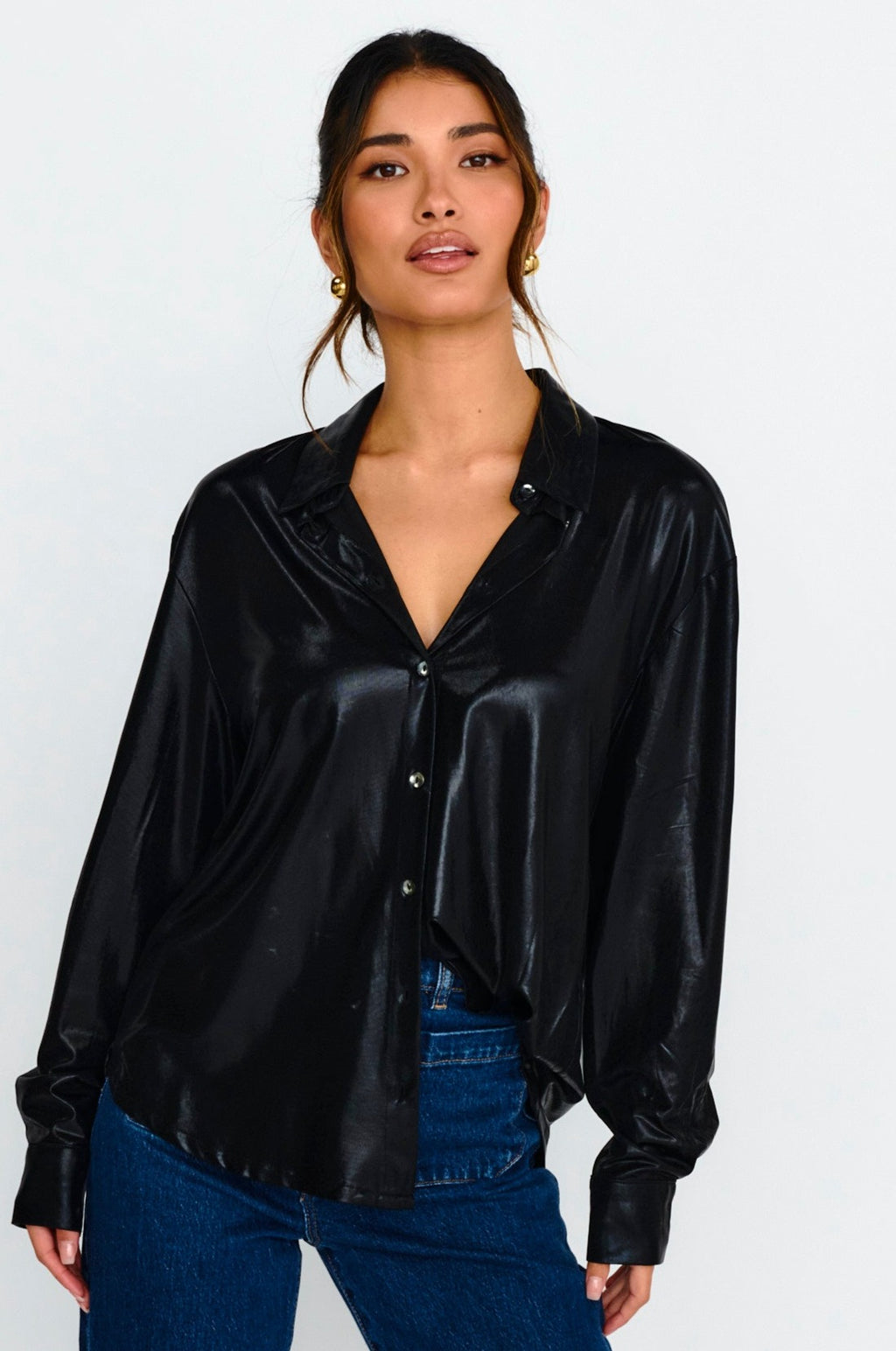 Benni Long Sleeve Button-Up Shirt Black by Selfie Leslie