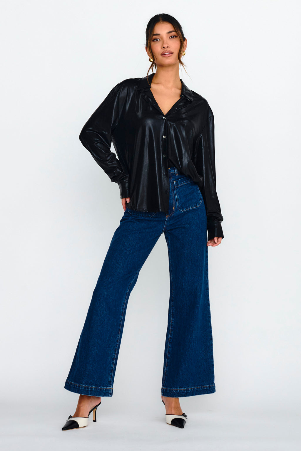 Benni Long Sleeve Button-Up Shirt Black by Selfie Leslie