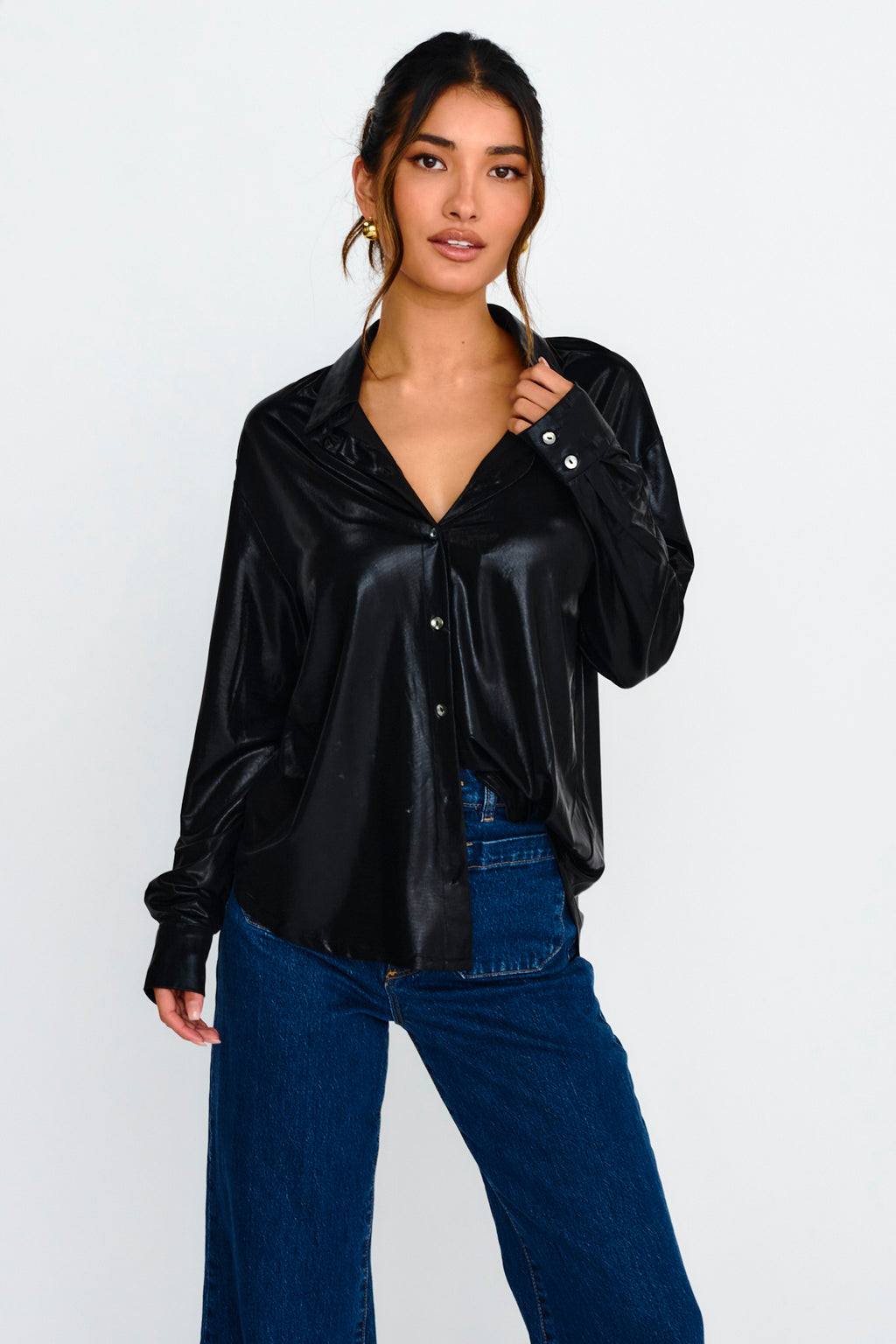 Benni Long Sleeve Button-Up Shirt Black by Selfie Leslie