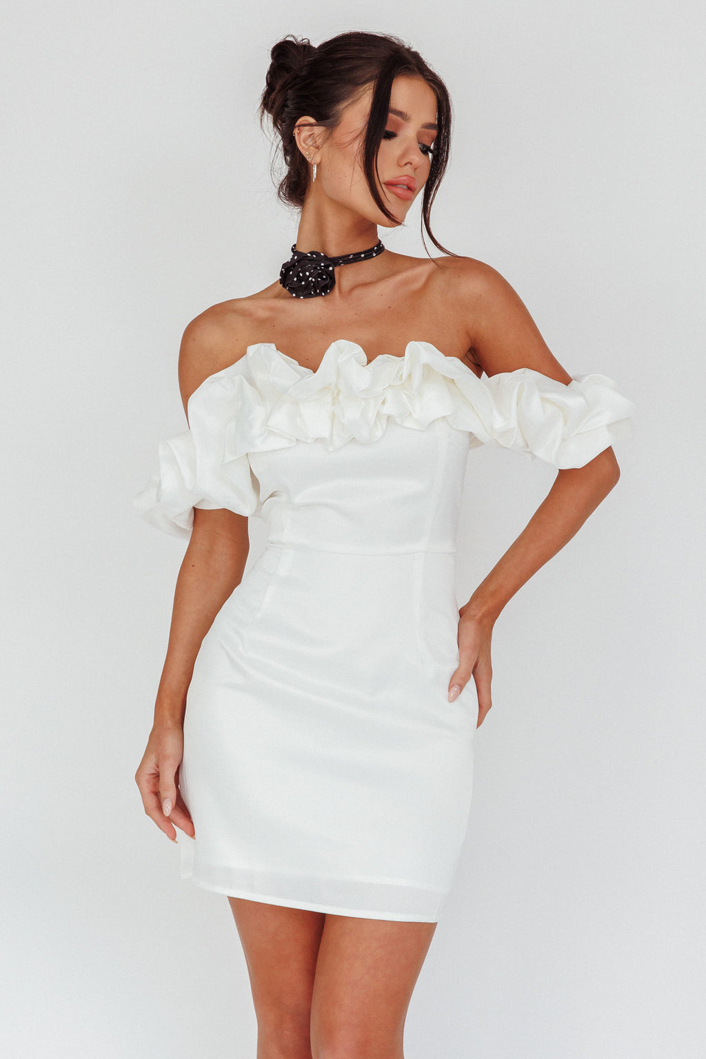 La Palma Off-Shoulder Mini Dress Off White by Selfie Leslie