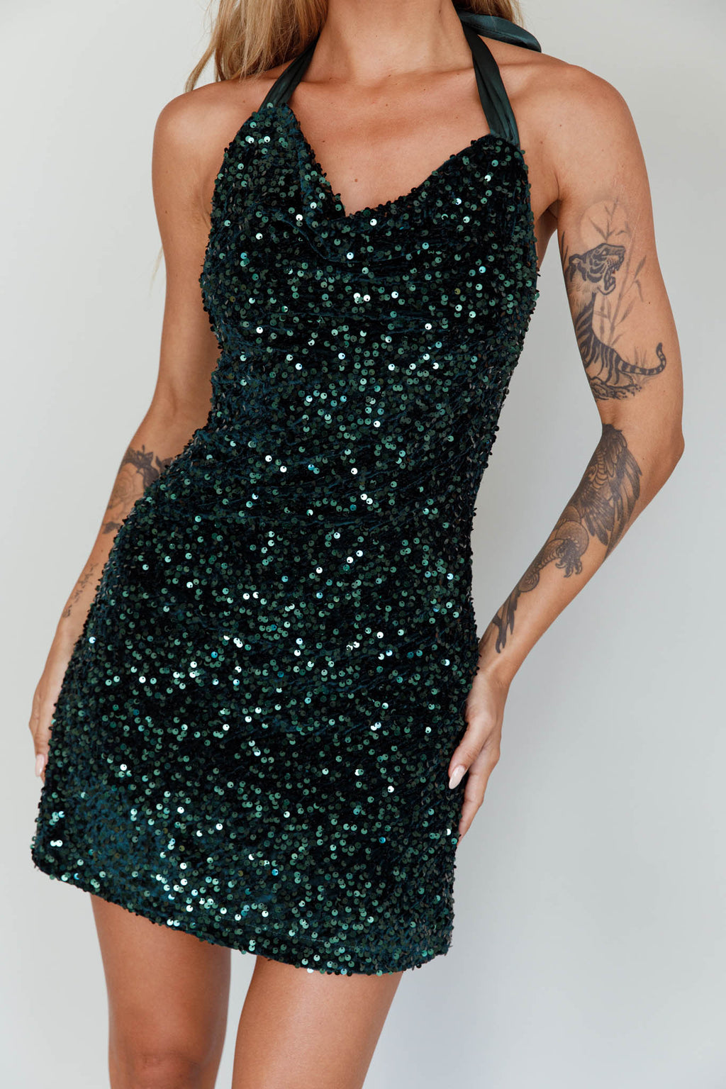 Star Lights Halterneck Mini Dress Sequin Emerald by Selfie Leslie