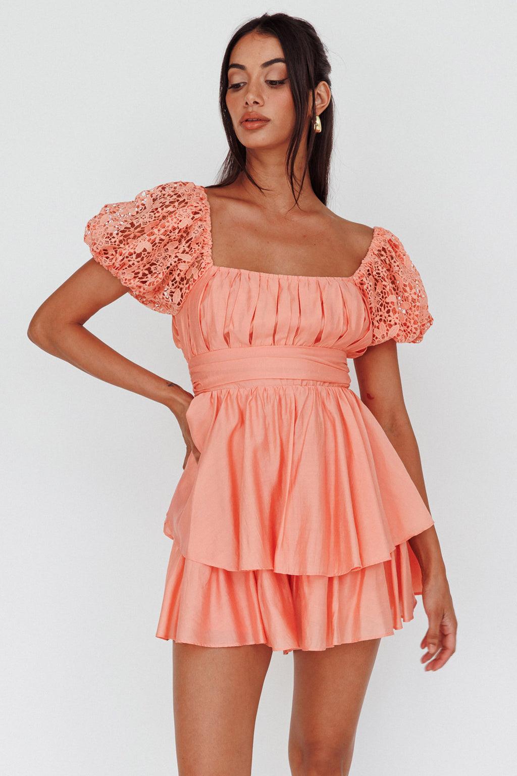 Hold My Halo Lace Sleeve Romper Apricot by Selfie Leslie