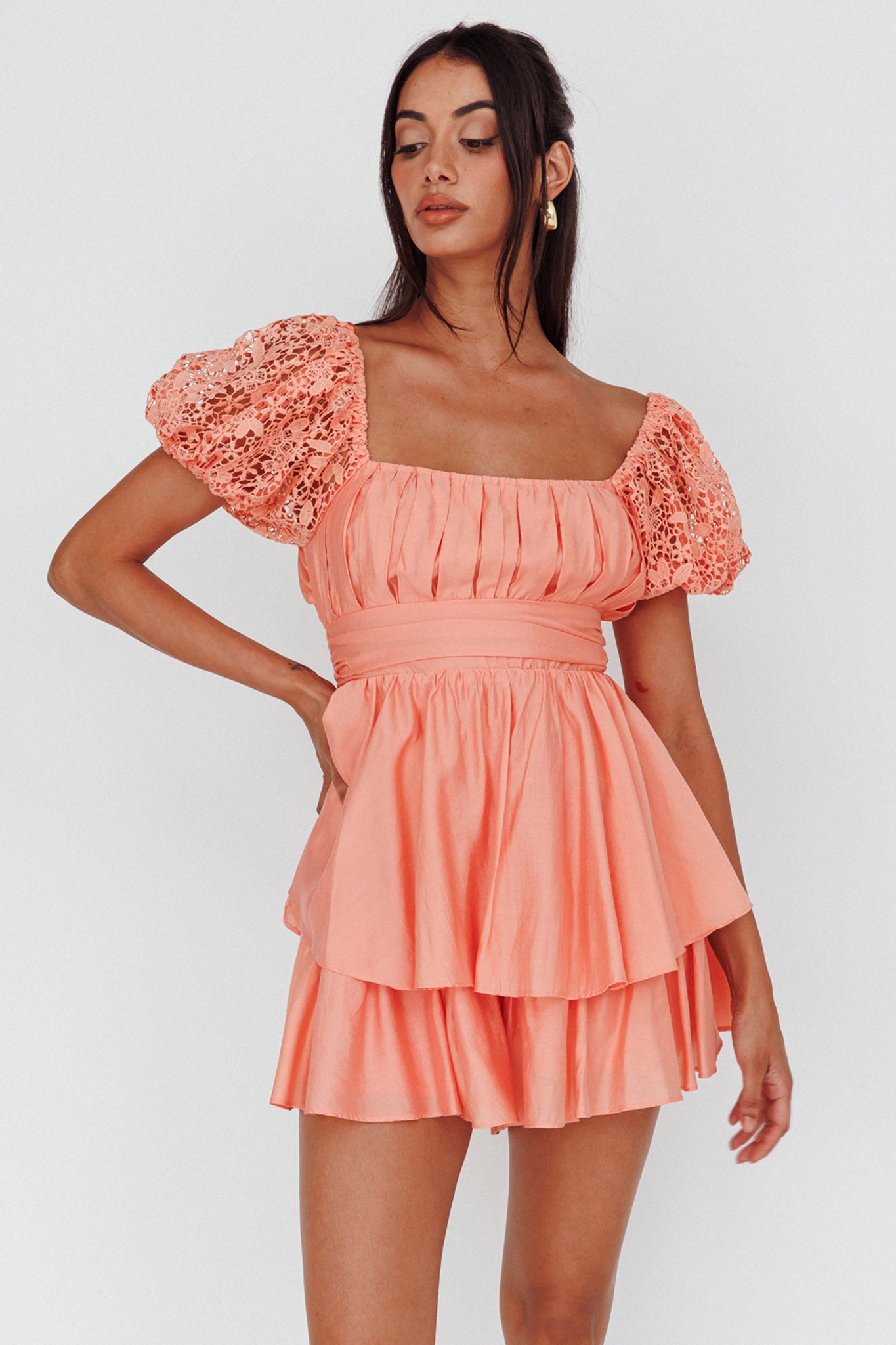 Hold My Halo Lace Sleeve Romper Apricot by Selfie Leslie
