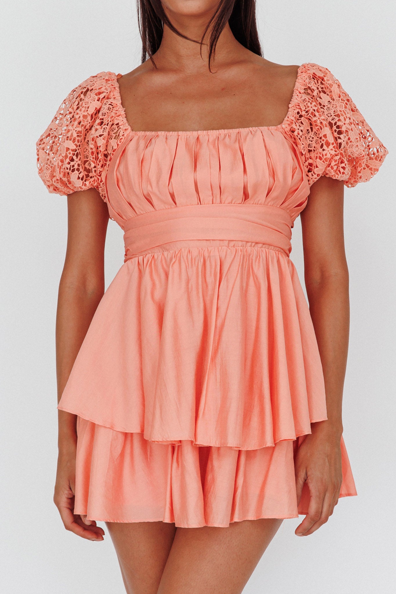 Hold My Halo Lace Sleeve Romper Apricot by Selfie Leslie