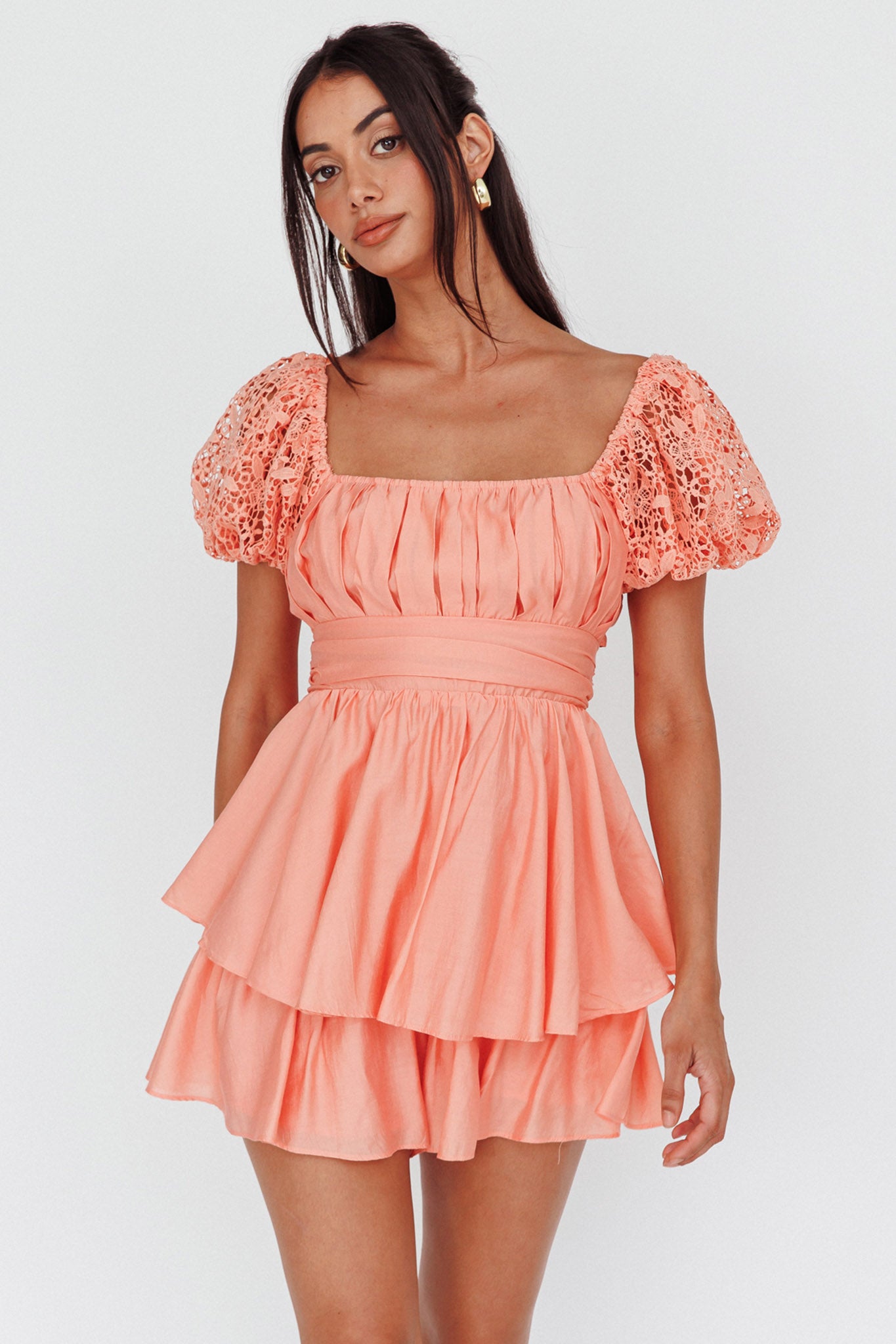 Hold My Halo Lace Sleeve Romper Apricot by Selfie Leslie