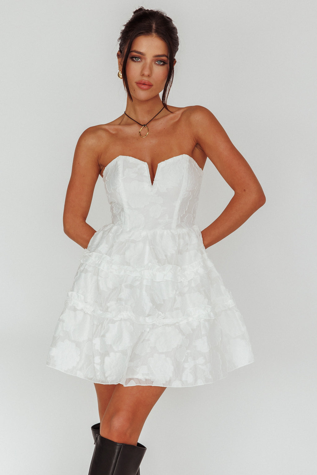 Demi Frill Trim Strapless Dress White by Selfie Leslie