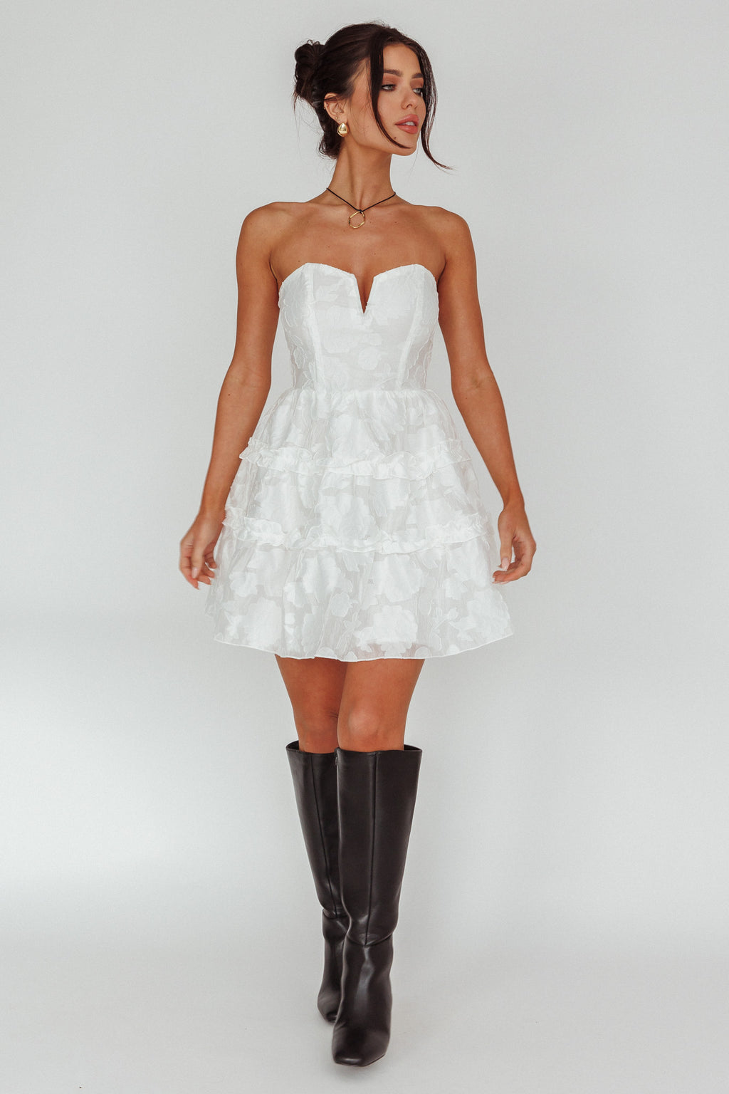 Demi Frill Trim Strapless Dress White by Selfie Leslie