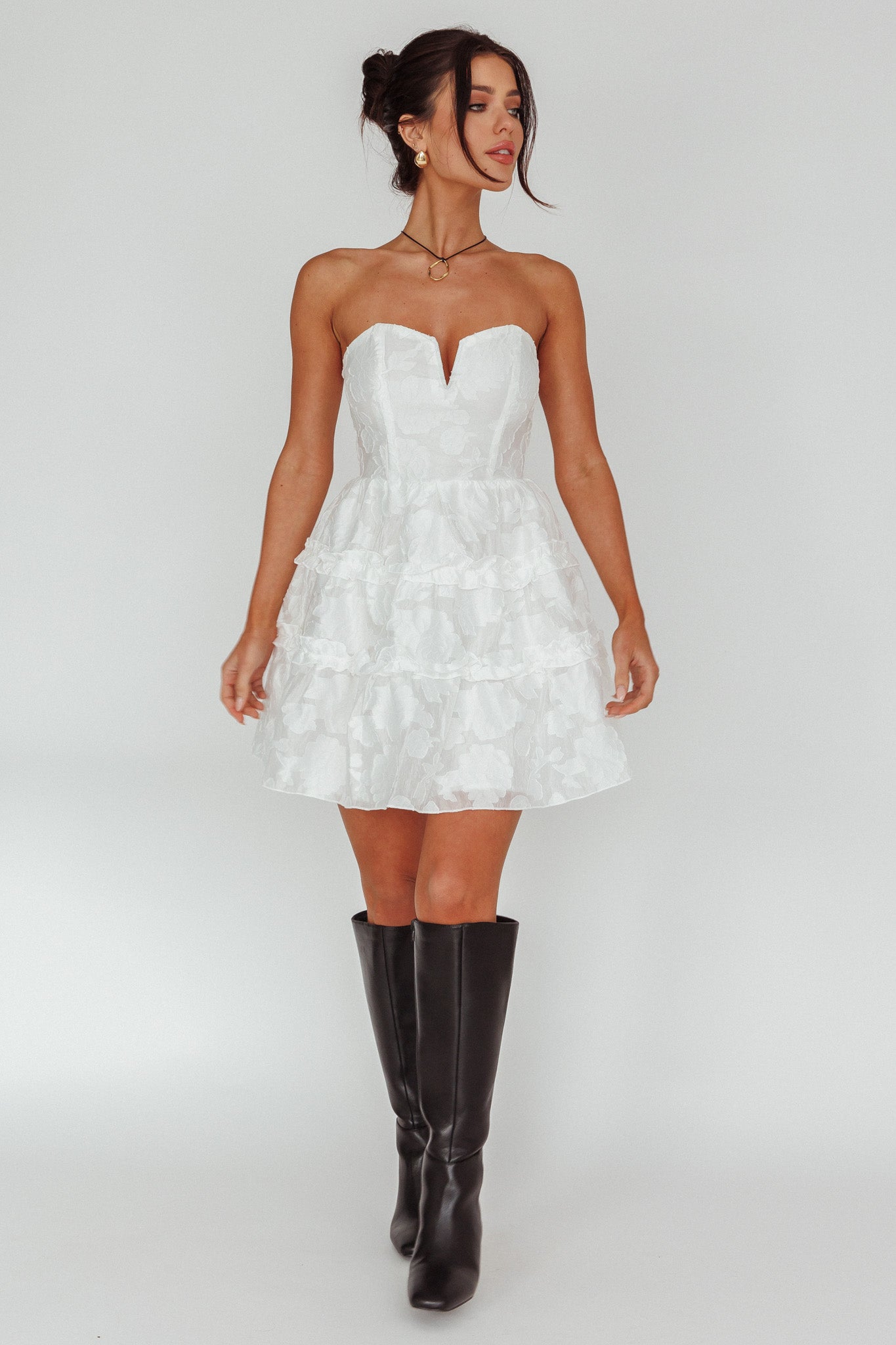 Demi Frill Trim Strapless Dress White by Selfie Leslie