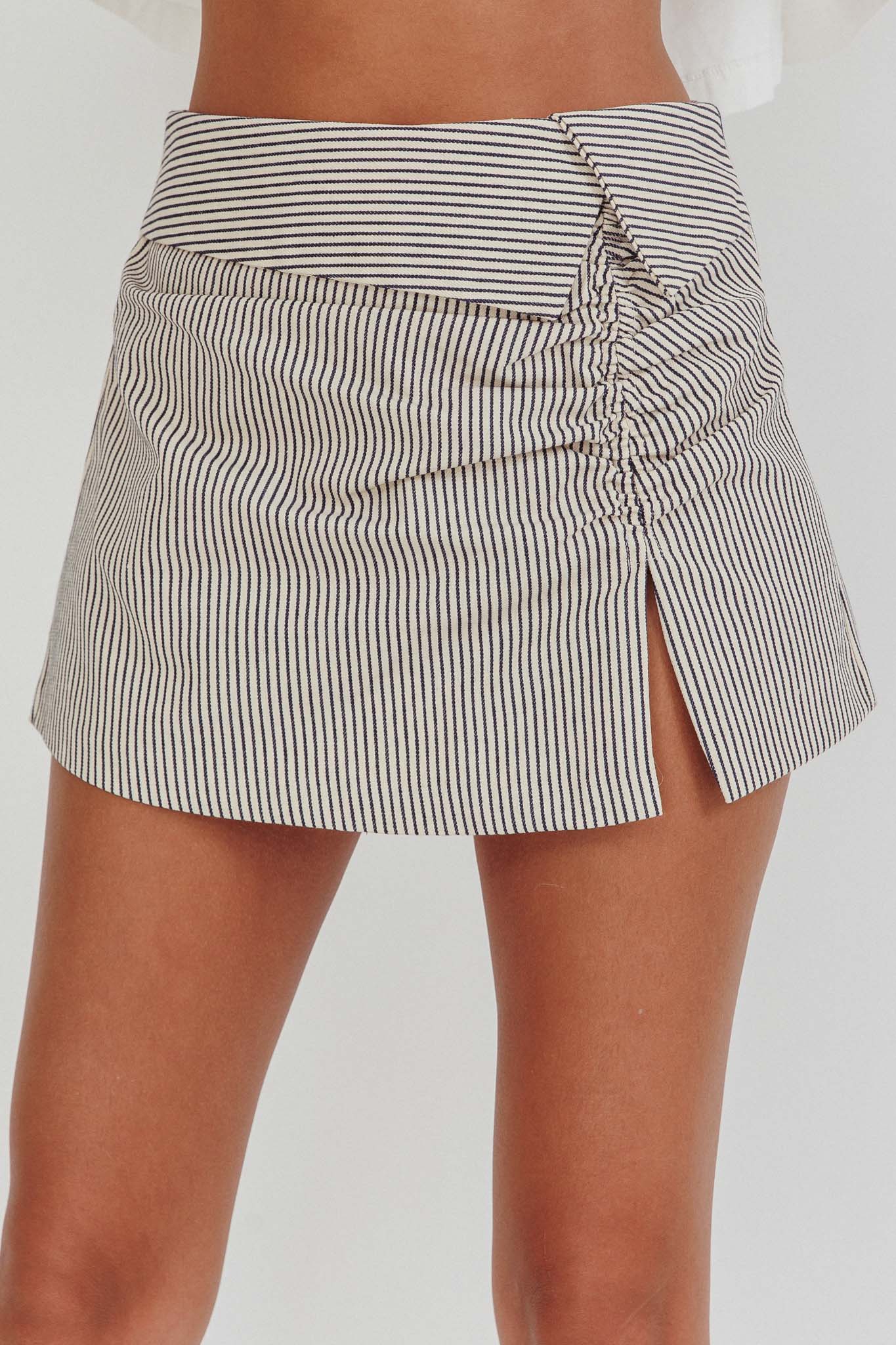 Dariah Foldover Slit Mini Skirt Stripe Linen by Selfie Leslie