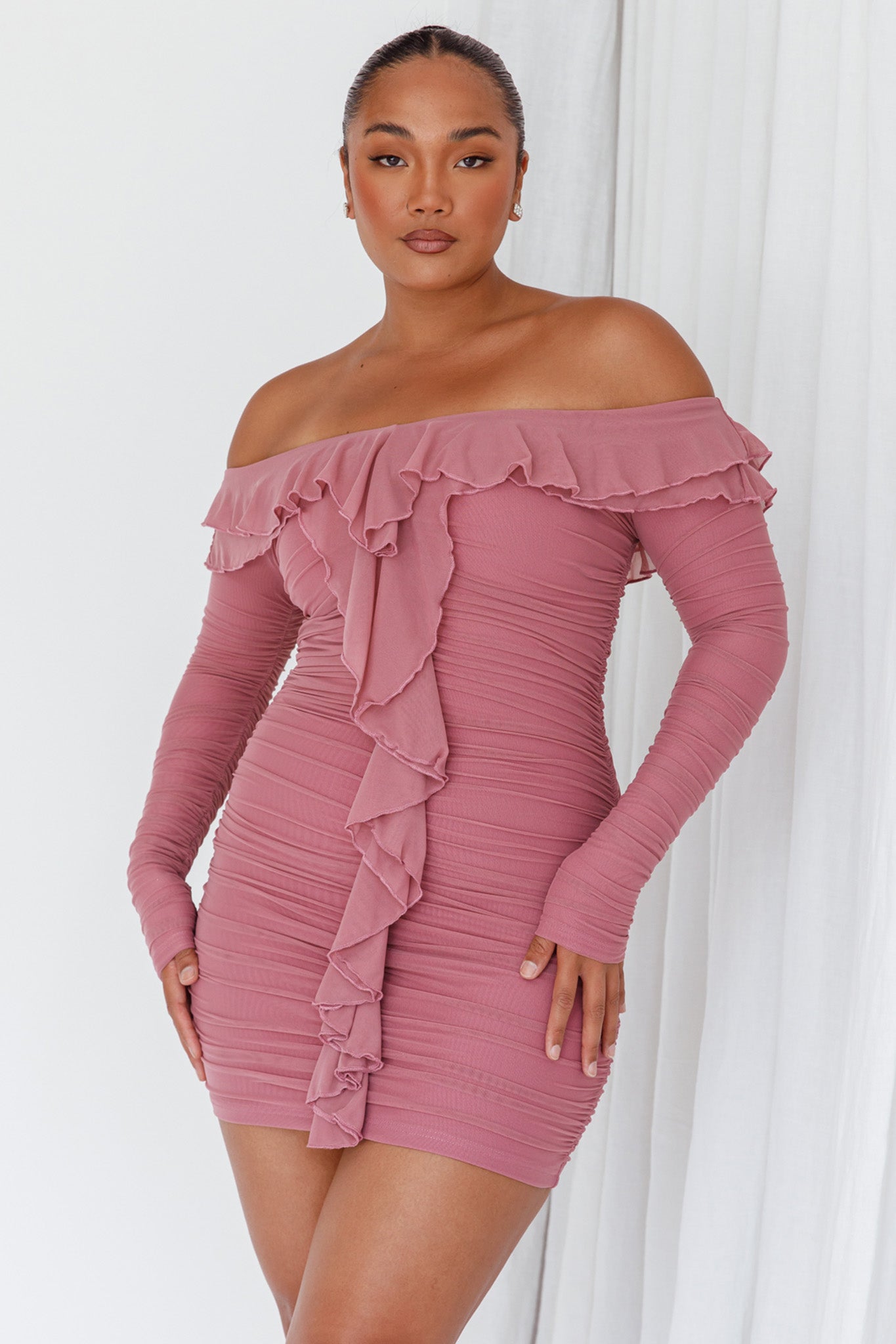 Confession Off-Shoulder Long Sleeve Mini Dress Mauve S