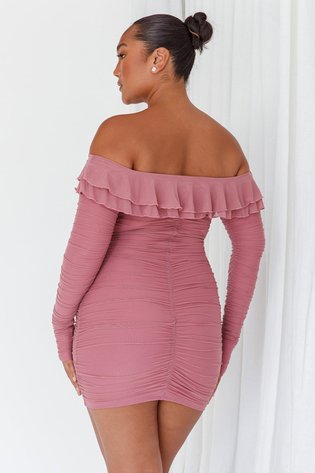 Confession Off-Shoulder Long Sleeve Mini Dress Mauve by Selfie Leslie