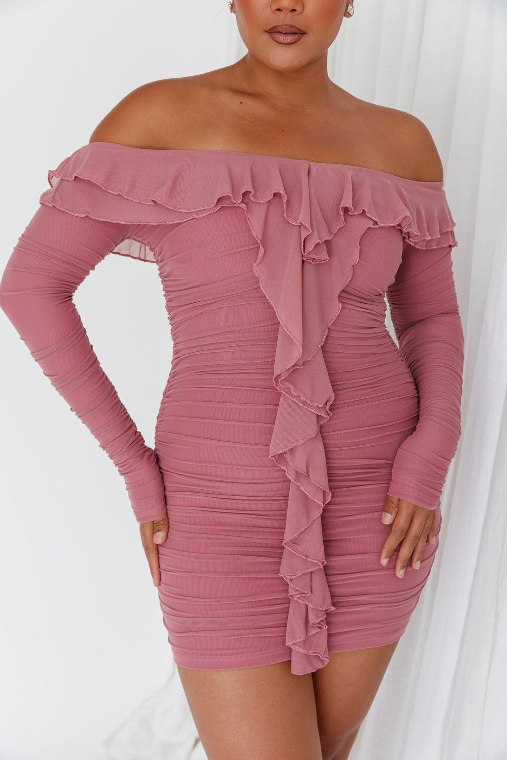 Confession Off-Shoulder Long Sleeve Mini Dress Mauve by Selfie Leslie