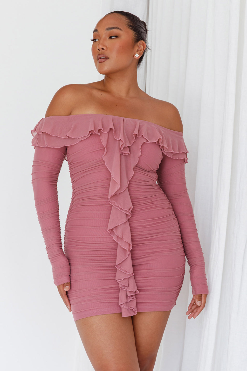 Confession Off-Shoulder Long Sleeve Mini Dress Mauve by Selfie Leslie