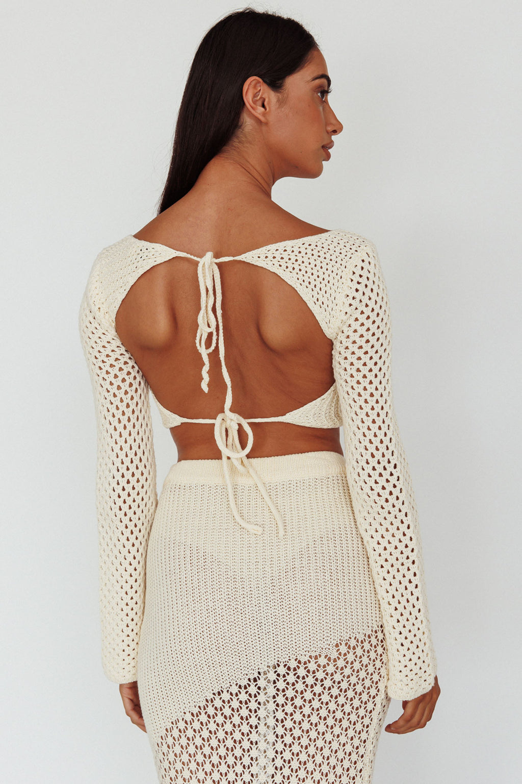 Serenity Sky Long Sleeve Crochet Crop Top Milk by Selfie Leslie