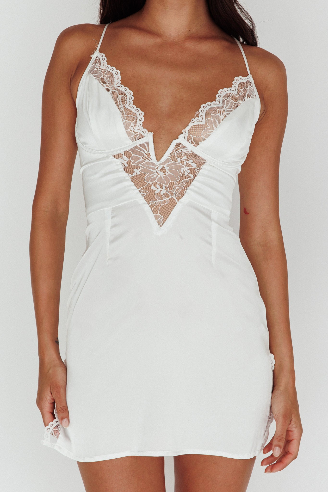 Make Me Blush Lace Trim Mini Dress White by Selfie Leslie