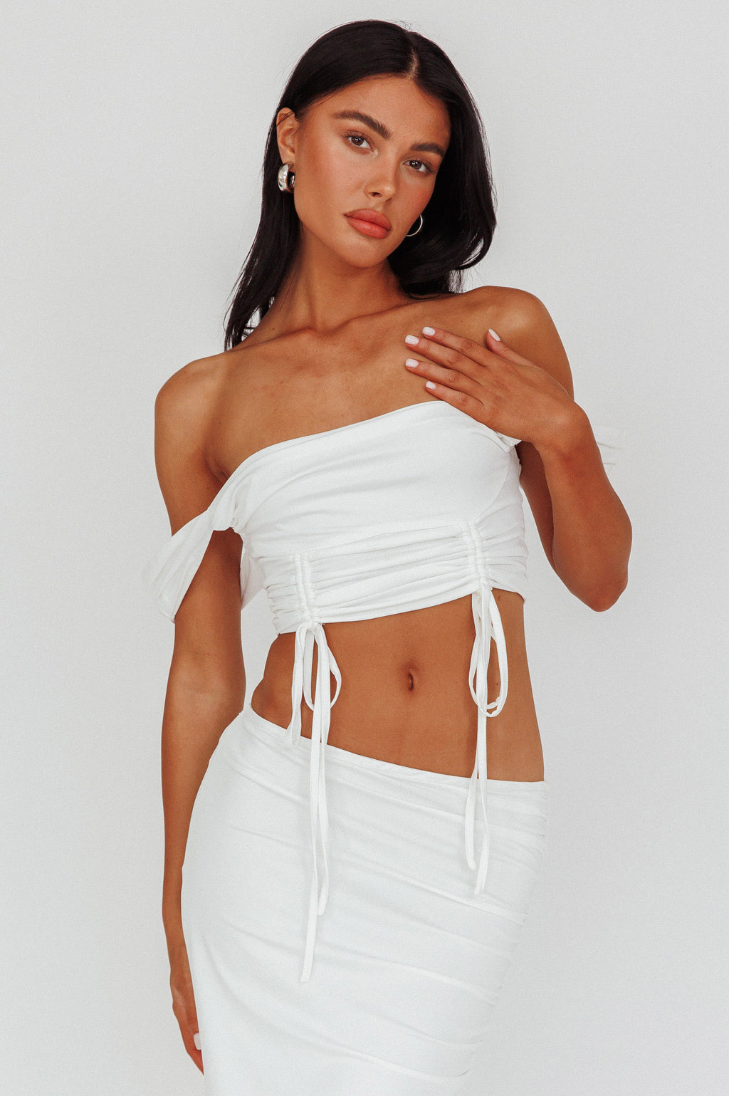 Headliner Drawstring Ruched  Crop Top White by Selfie Leslie