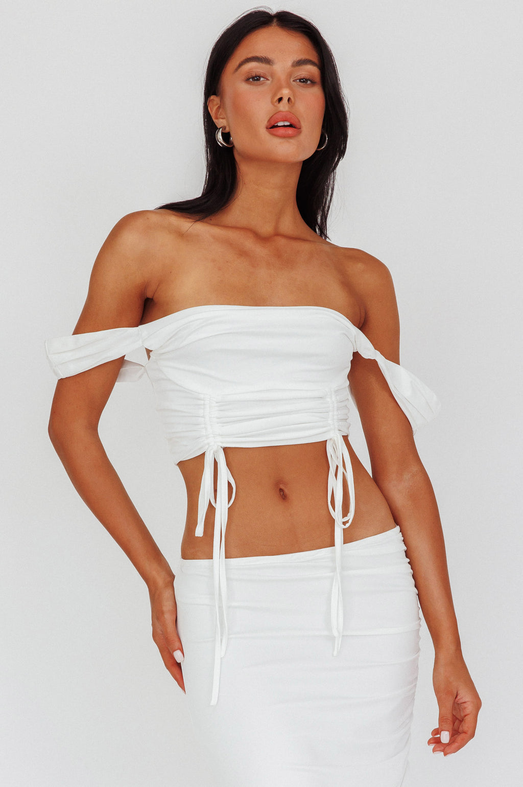 Headliner Drawstring Ruched  Crop Top White by Selfie Leslie