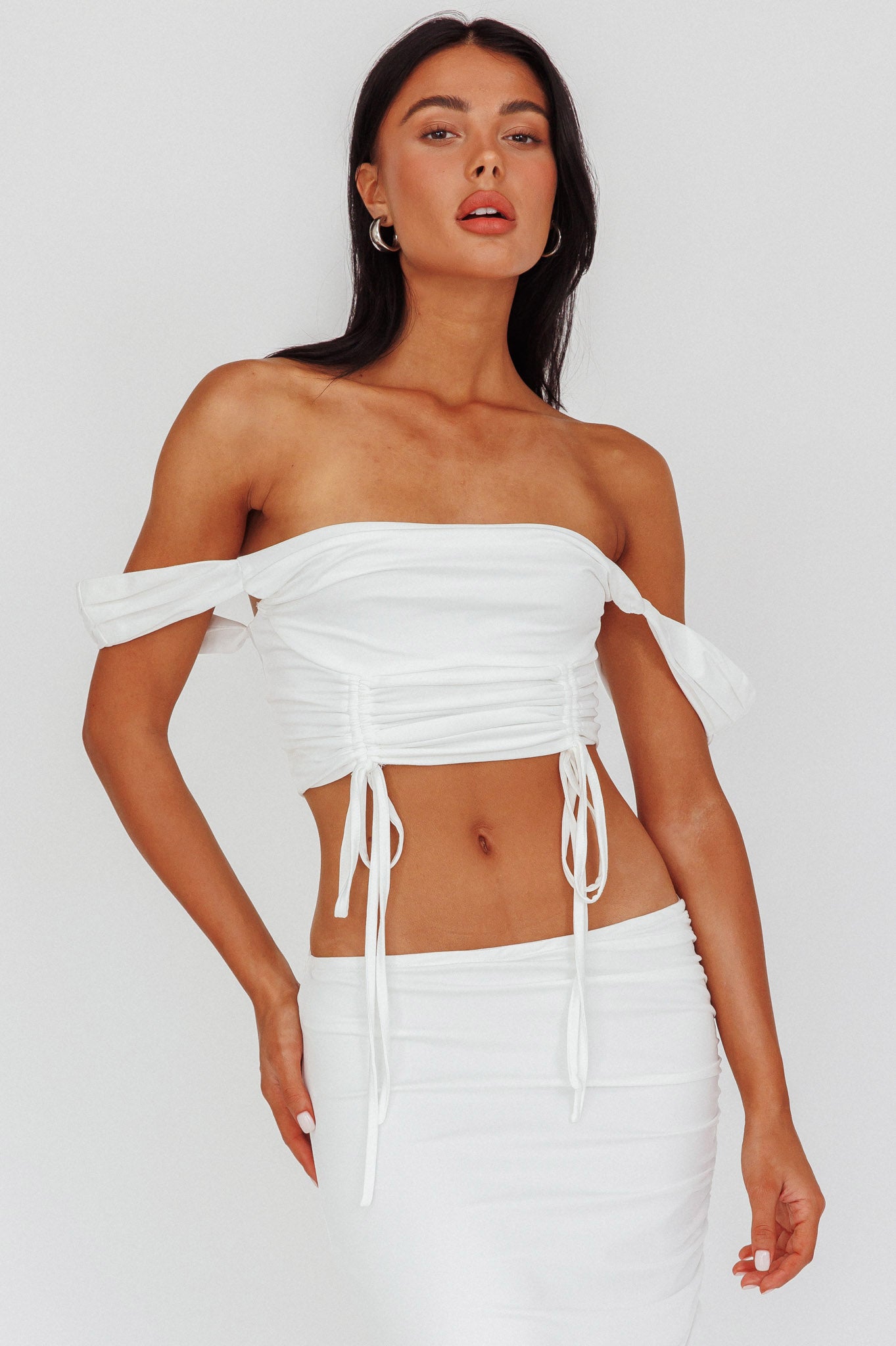 Headliner Drawstring Ruched  Crop Top White by Selfie Leslie