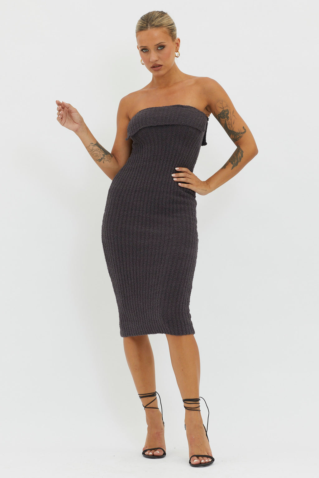 Lupita Foldover Ribbed Knit Midi Dress Charcoal by Selfie Leslie