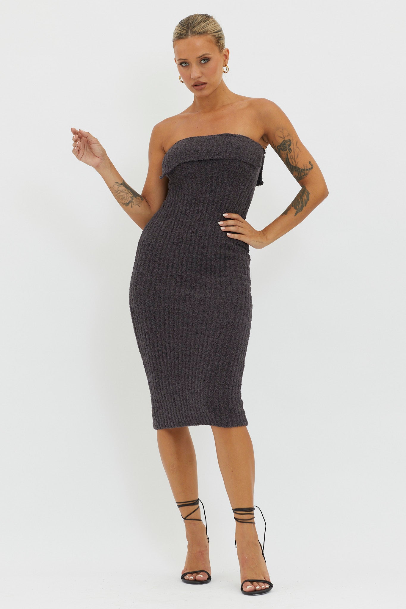 Lupita Foldover Ribbed Knit Midi Dress Charcoal by Selfie Leslie